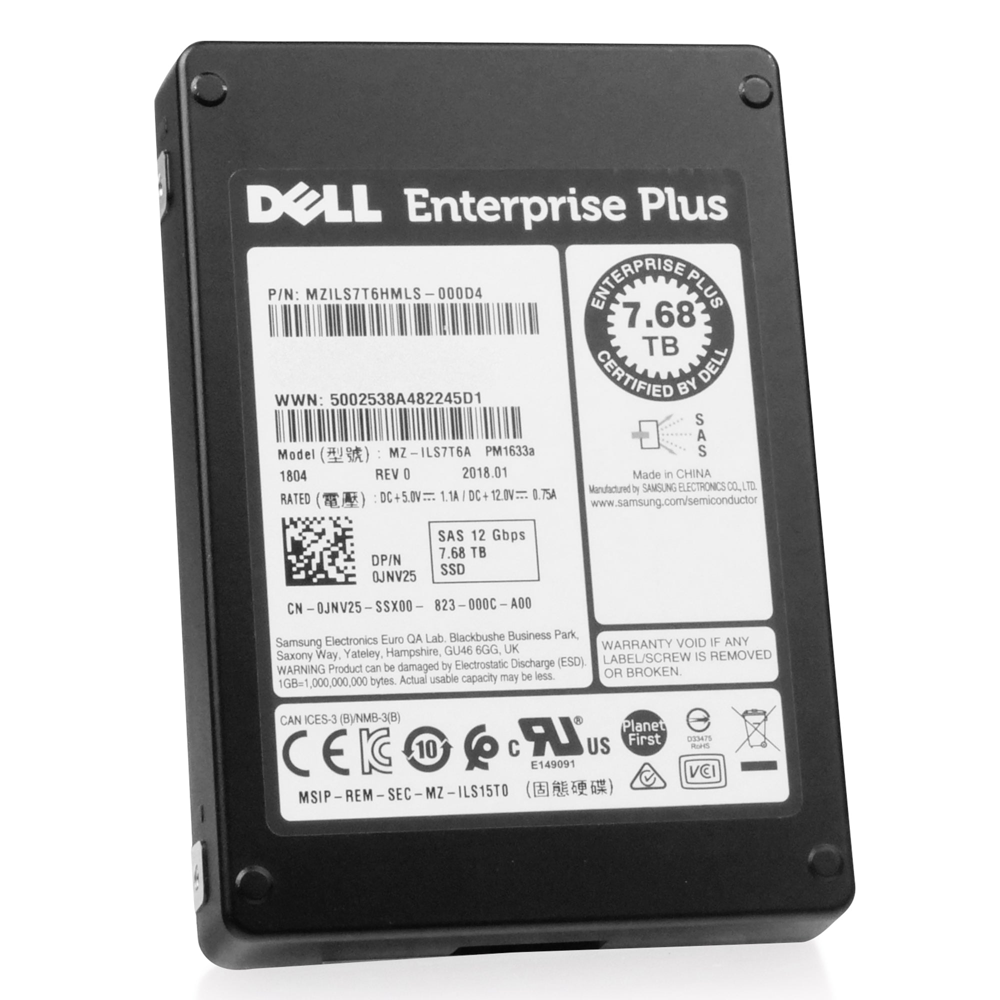 Dell/Samsung PM1633a MZILS7T6HMLS 7.68TB 1 DWPD SAS 12Gb/s 3D TLC 2.5in Refurbished SSD