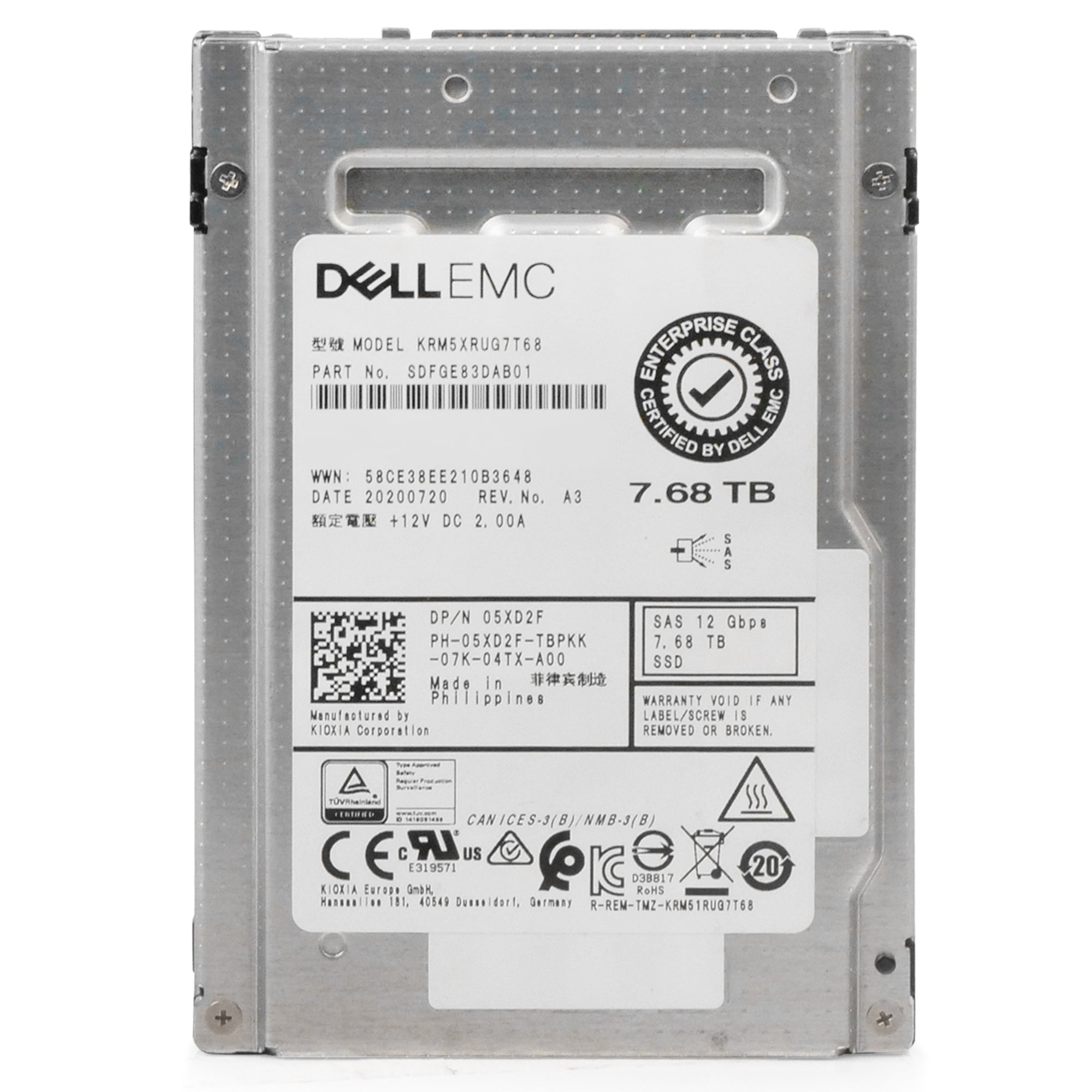 Dell/Kioxia RM5 KRM5XRUG7T68 7.68TB 1 DWPD SAS 12Gb/s 3D TLC 2.5in Read Intensive Refurbished SSD