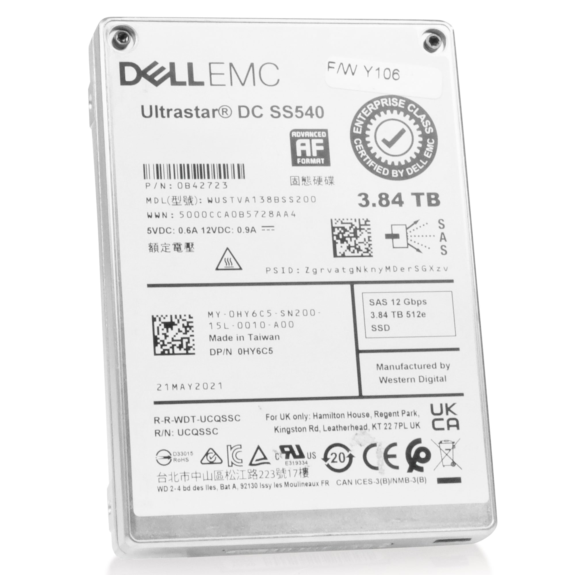 Dell/WD Ultrastar DC SS540 WUSTVA138BSS200 0B42723 3.84TB 1 DWPD SAS 12Gb/s 512e 2.5in Read Intensive Refurbished SSD