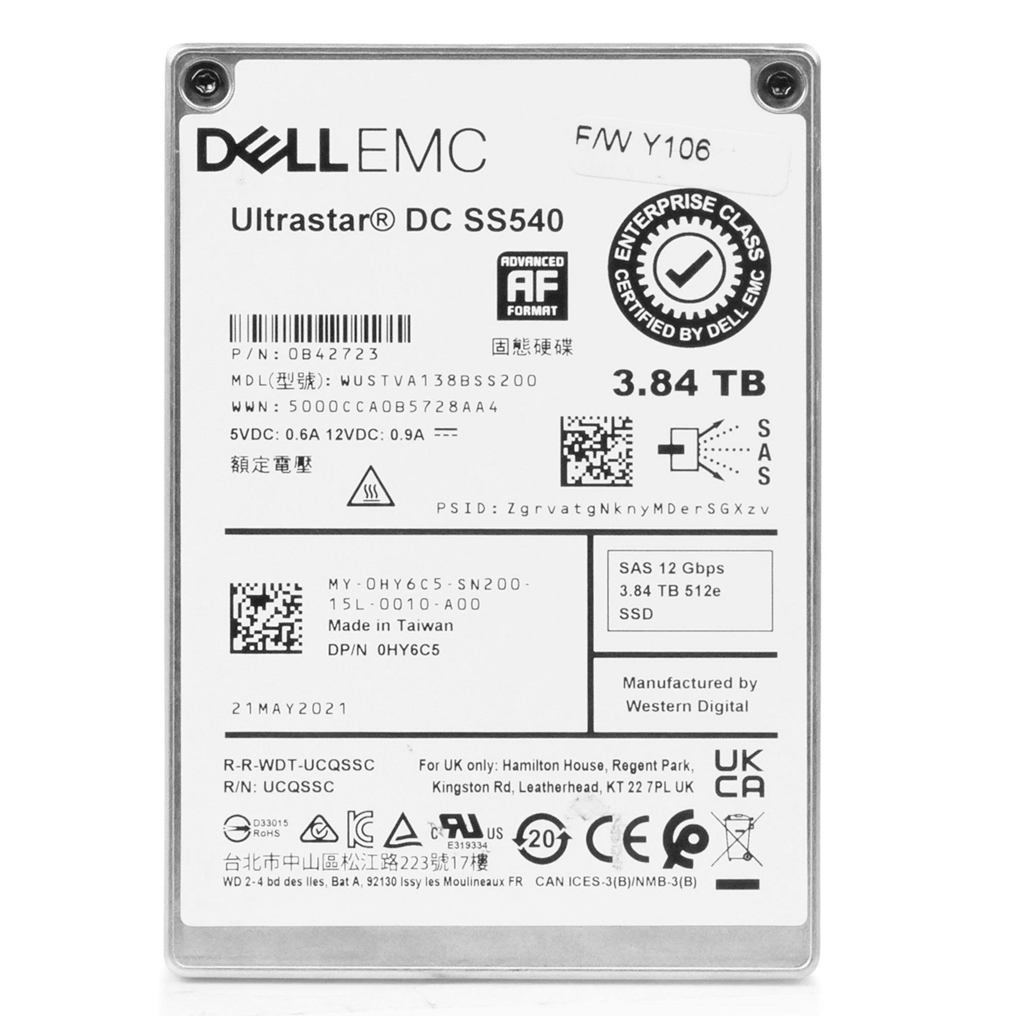 Dell/WD Ultrastar DC SS540 WUSTVA138BSS200 0B42723 3.84TB 1 DWPD SAS 12Gb/s 512e 2.5in Read Intensive Refurbished SSD