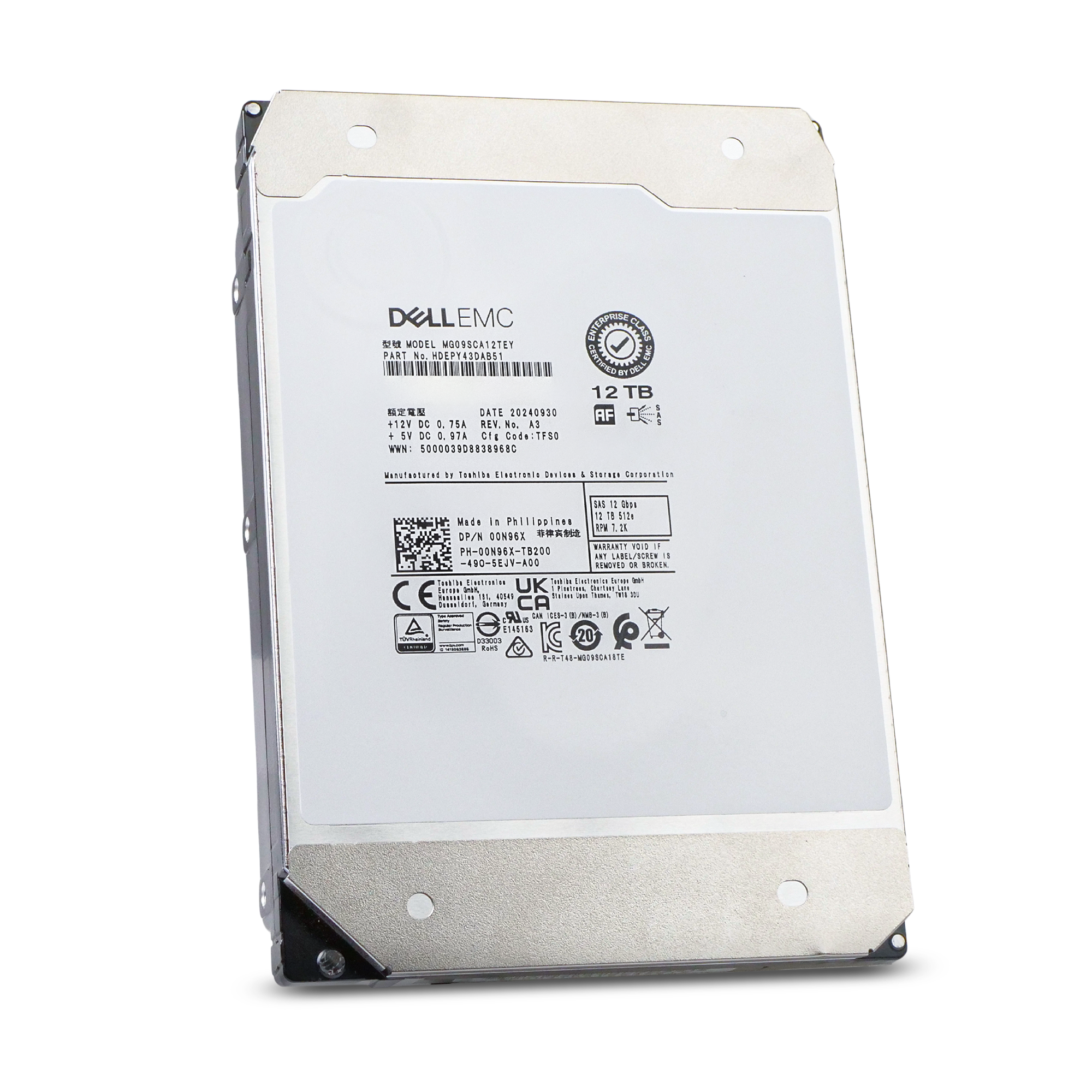 Dell/Toshiba MG09 MG09SCA12TEY 12TB 7.2K RPM SAS 12Gb/s 512e 512MiB 3.5in HDD