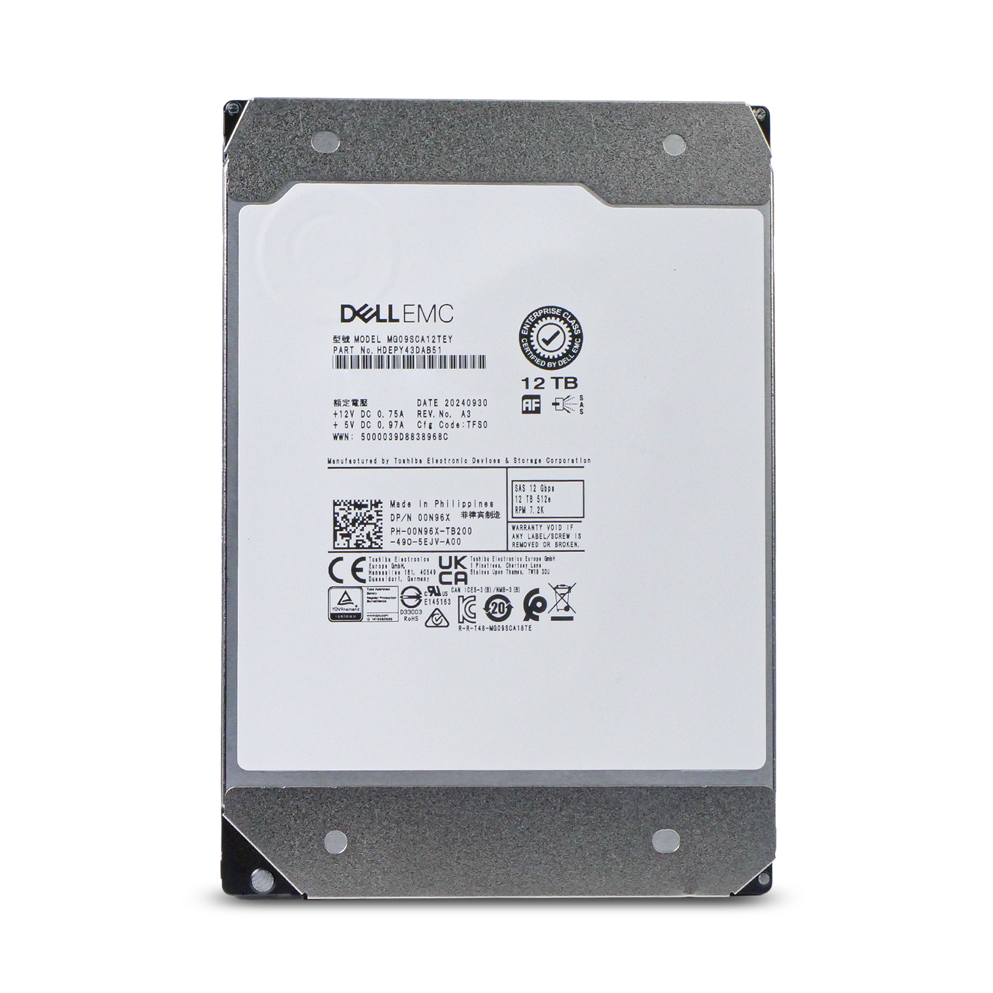 Dell/Toshiba MG09 MG09SCA12TEY 12TB 7.2K RPM SAS 12Gb/s 512e 512MiB 3.5in HDD