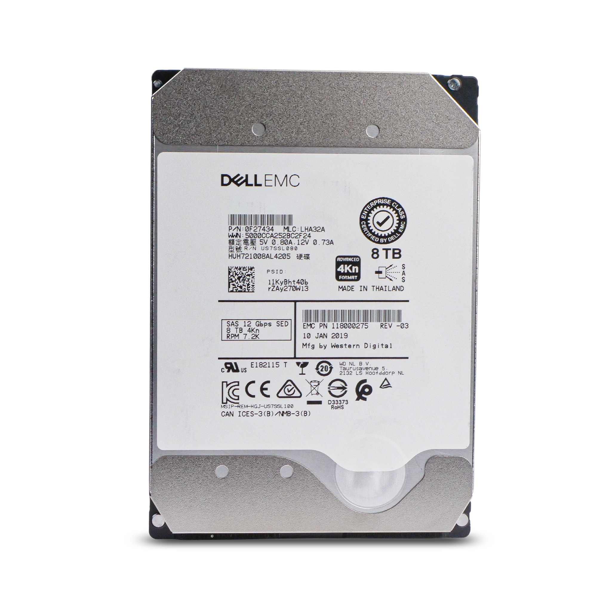 Dell/Western Digital Ultrastar DC HC510 HUH721008AL4205 0F27409 8TB 7.2K RPM SAS 12Gb/s 4Kn 256MB 3.5in HDD