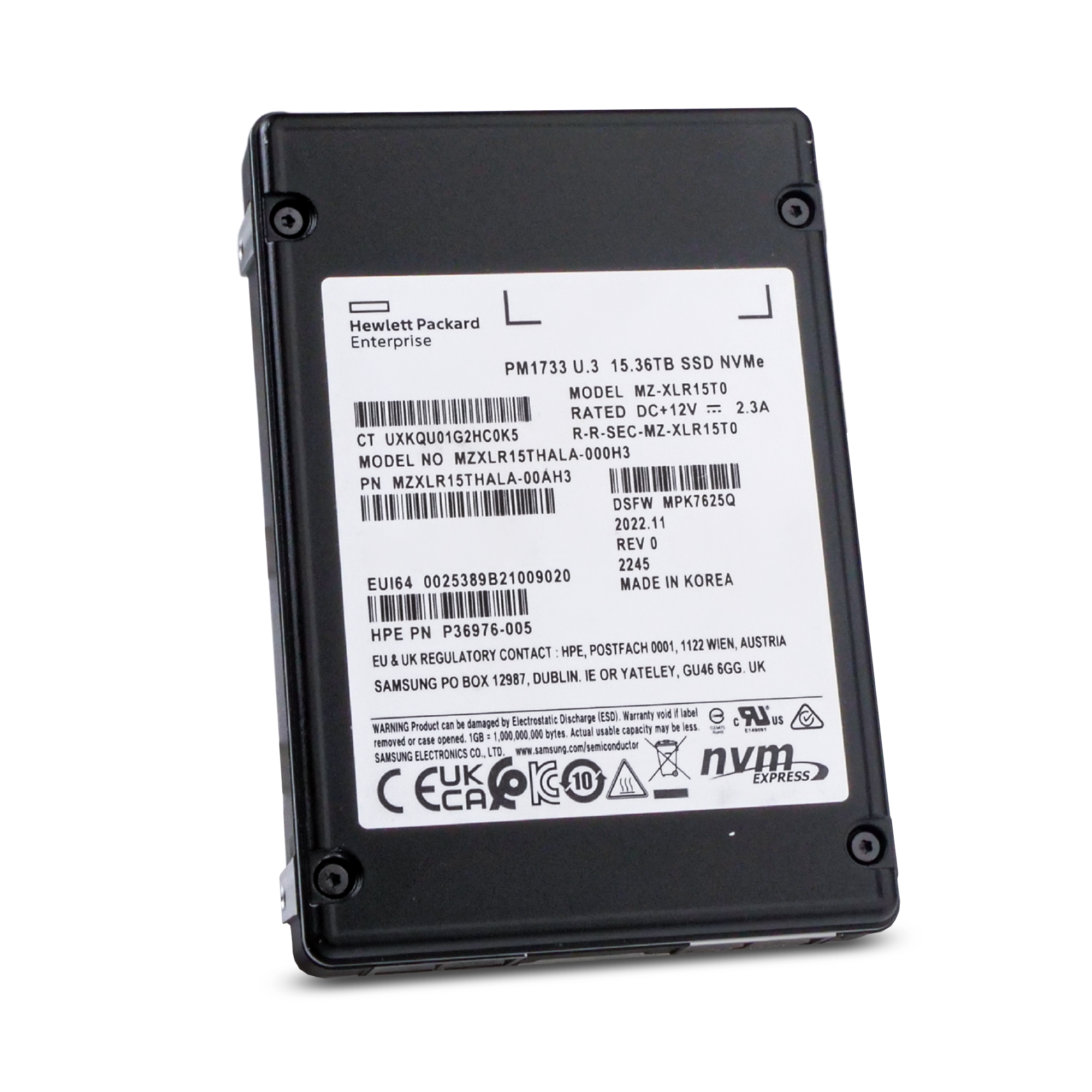 HP/Samsung PM1733 MZXLR15THALA P36976-005 15.36TB PCIe Gen 4.0 x4 8GB/s U.3 NVMe 2.5in Solid State Drive