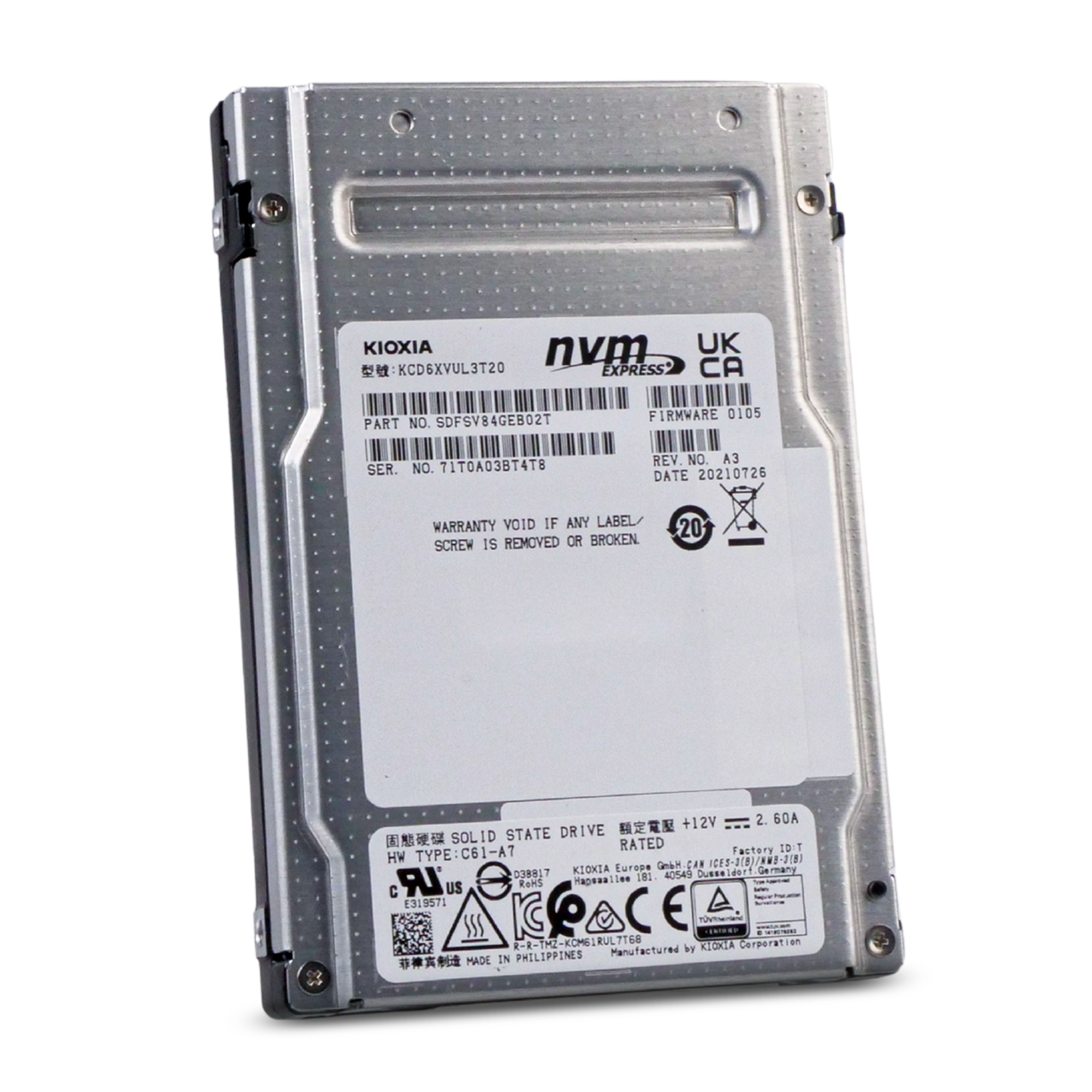 Kioxia CD6-V KCD6XVUL3T20 3.2TB 3 DWPD PCIe Gen 4.0 x4 8GB/s 3D TLC U.3 NVMe 2.5in Refurbished SSD