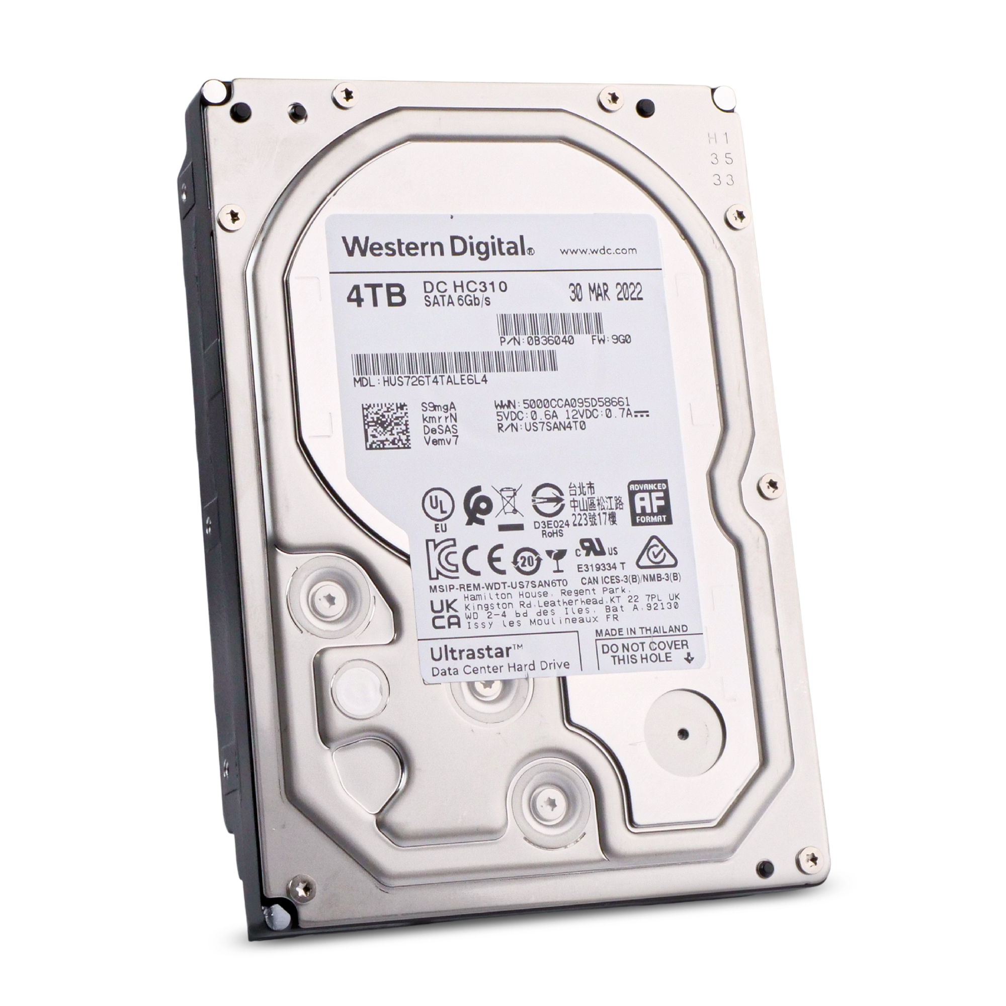 Western Digital Ultrastar DC HC310 HUS726T4TALE6L4 0B36040 4TB 7.2K RPM SATA 6Gb/s 512e 256MB 3.5in Refurbished HDD