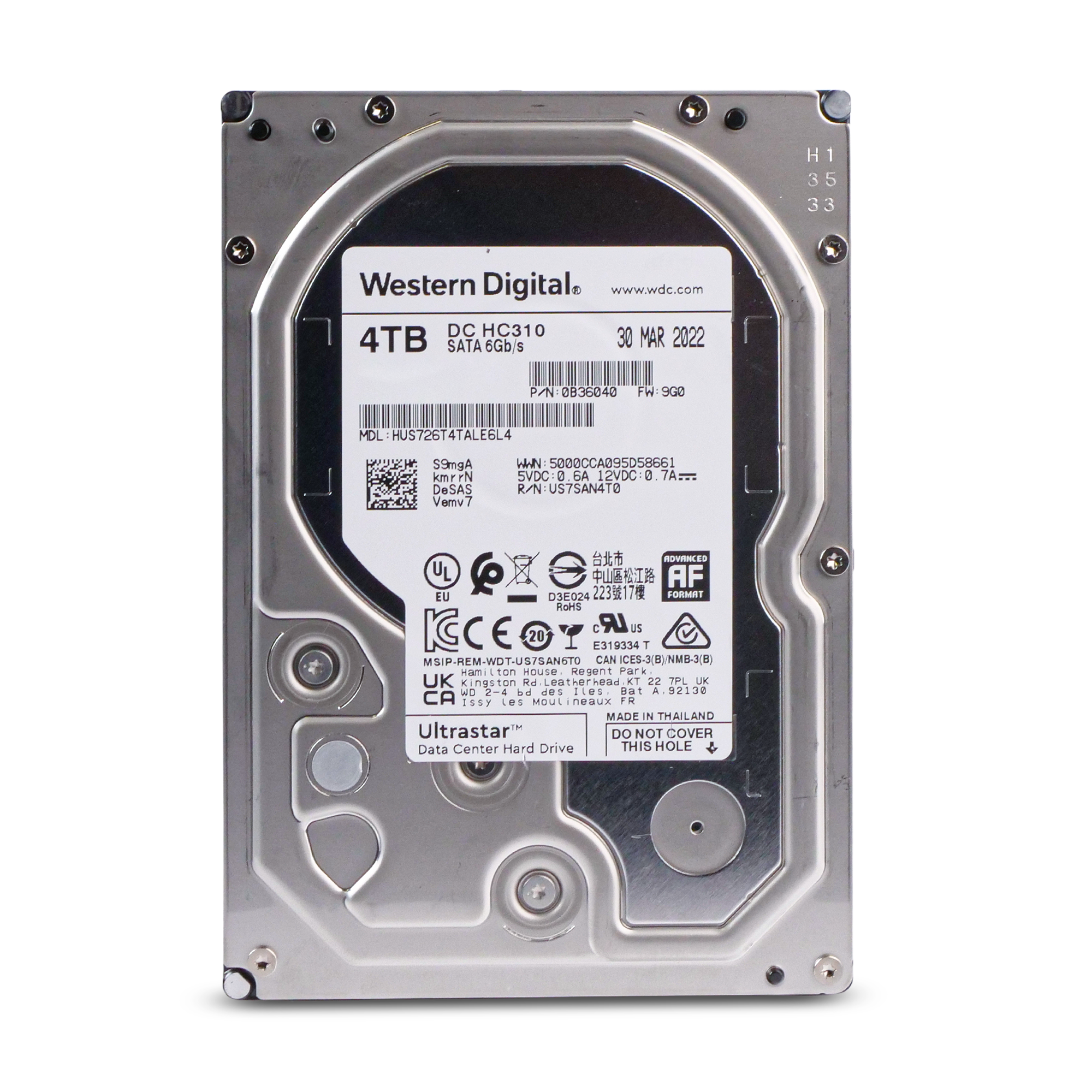 Western Digital Ultrastar DC HC310 HUS726T4TALE6L4 0B36040 4TB 7.2K RPM SATA 6Gb/s 512e 256MB 3.5in Refurbished HDD
