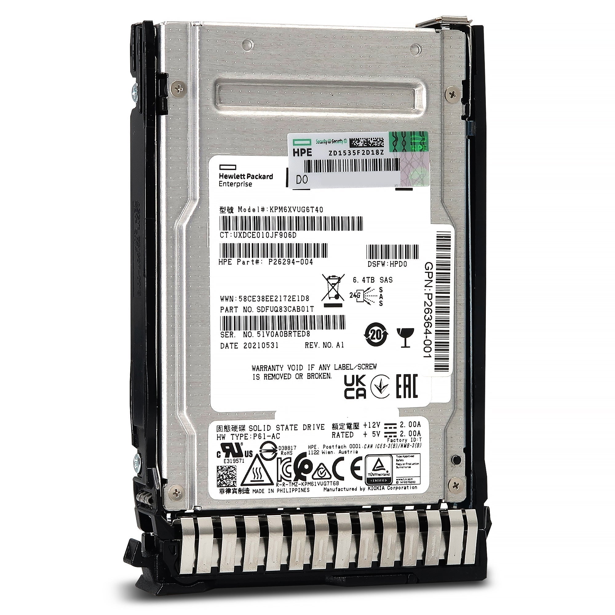 HPE PM6-V P40479-B21 KPM6XVUG6T40 6.4TB SAS 22.5Gb/s 3D TLC SIE 2.5in Refurbished SSD