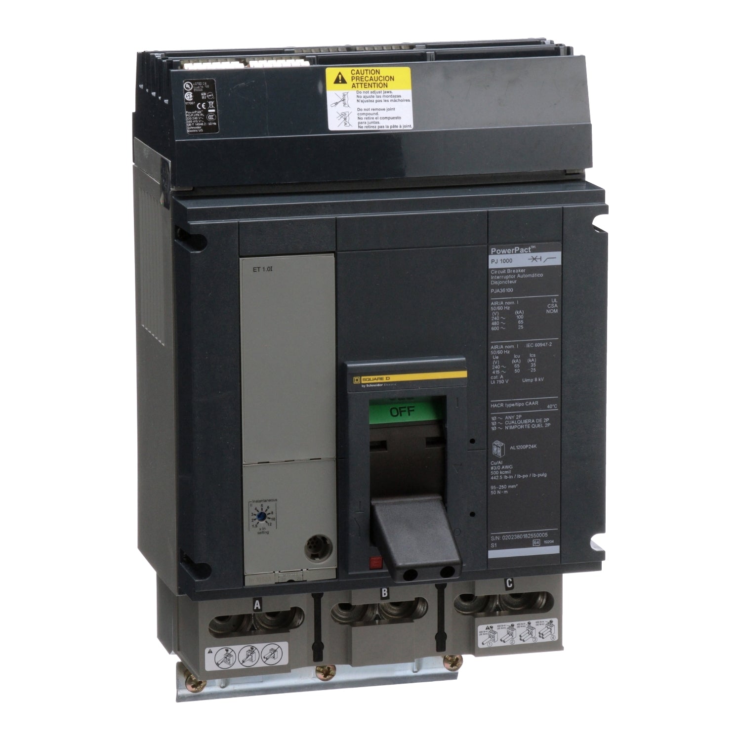 PJA36100U44A | Square D PowerPacT P 1000A 3-Pole 600VAC I-Line Molded Case Circuit Breaker