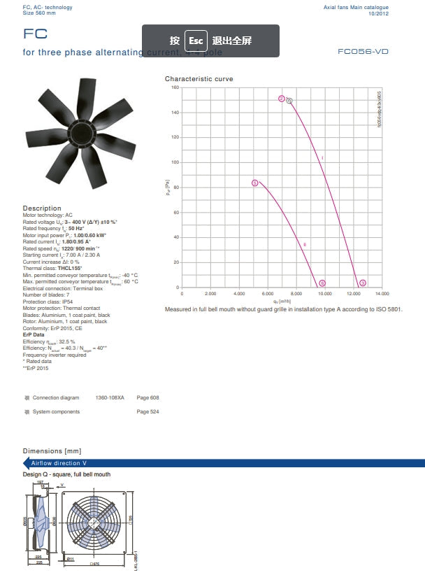 FC056-VDD.4I.6 ZIEHL-ABEGG Axial Fan 3~400V 1.0/0.6 kW 1.8/0.95A 1200/900 rpm