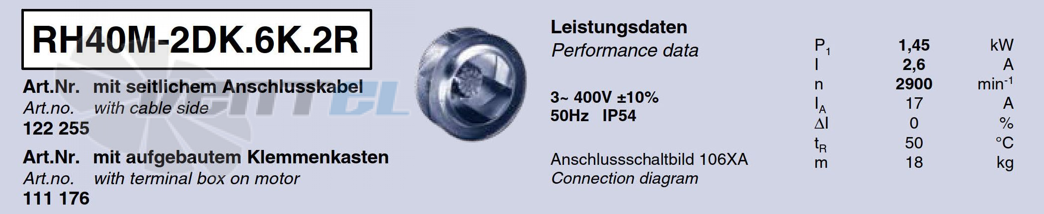 Brand new RH40M-2DK.6K.1R ZIEHL-ABEGG centrifugal fan 3-400V 50HZ