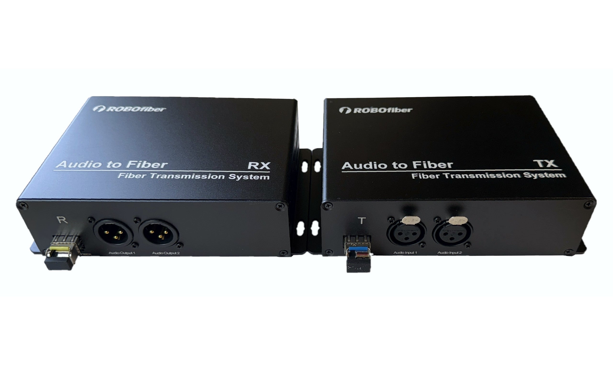 RB-AUDIO02-SFP two XLR balanced audio channels ONE WAY over fiber extender single strand SMF 20Km or MMF 1Km reach, LC connector, SET of TWO