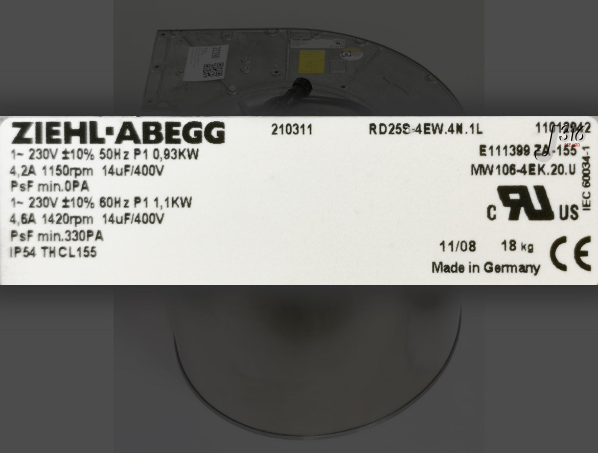 RD25S-4EW.4N.1L 230V 0.93/1.1 kW 4.2/4.6A 1150/1420rpm ZIEHL-ABEGG Centrifugal Fan