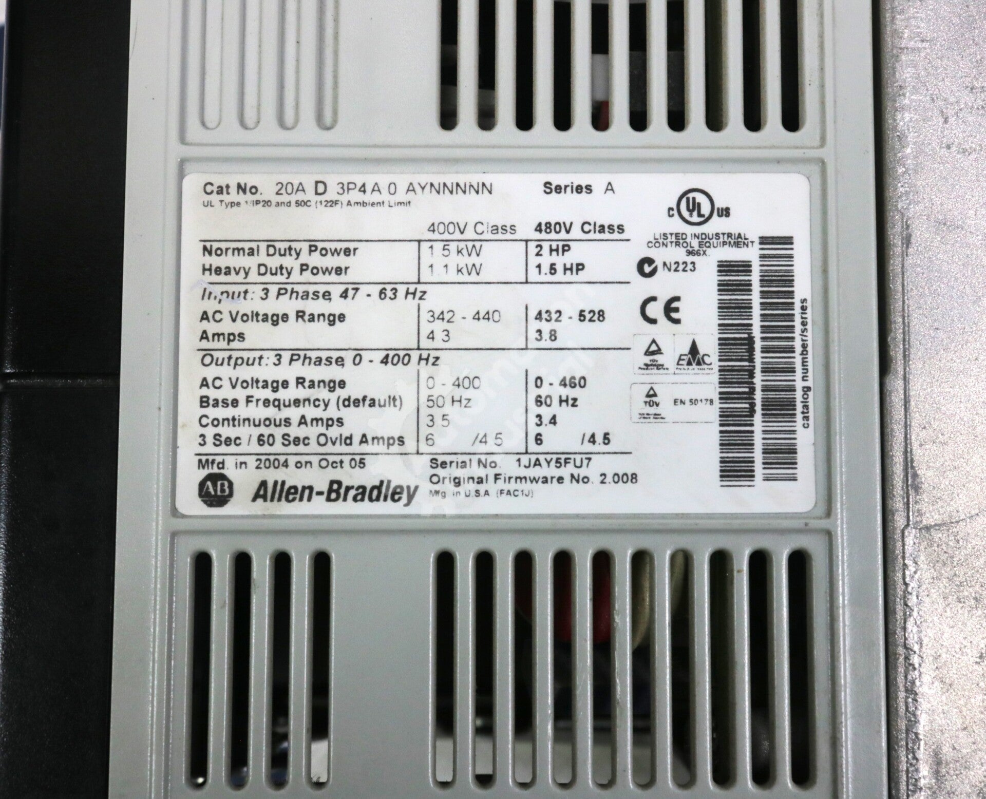 20AD3P4A0YNNNNN By Allen Bradley 1.5HP-2HP 480VAC PowerFlex 70 AC Drive