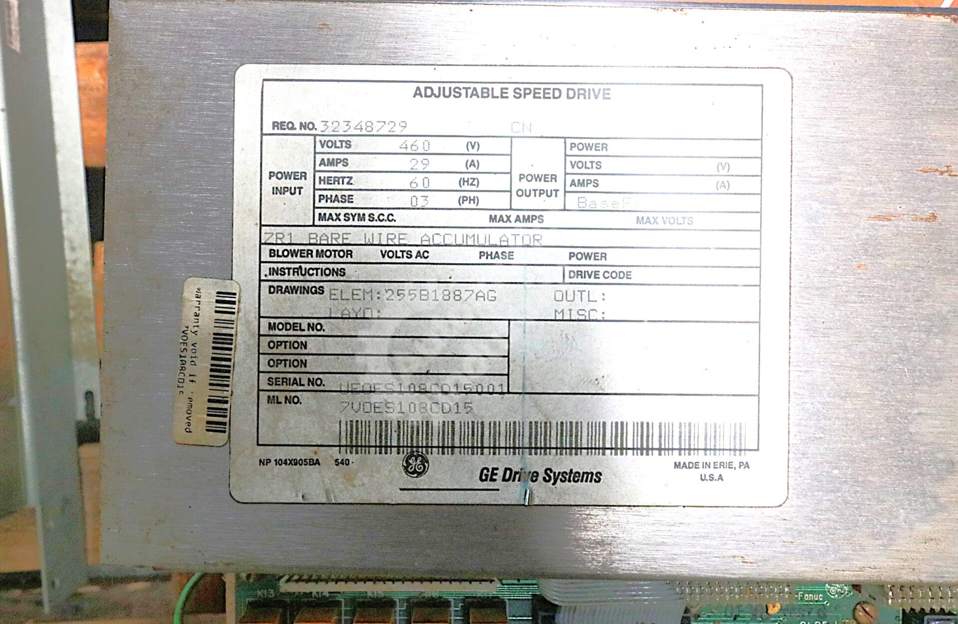 7VOES108CD15 By General Electric 460VAC 20HP Adjustable Speed Drive