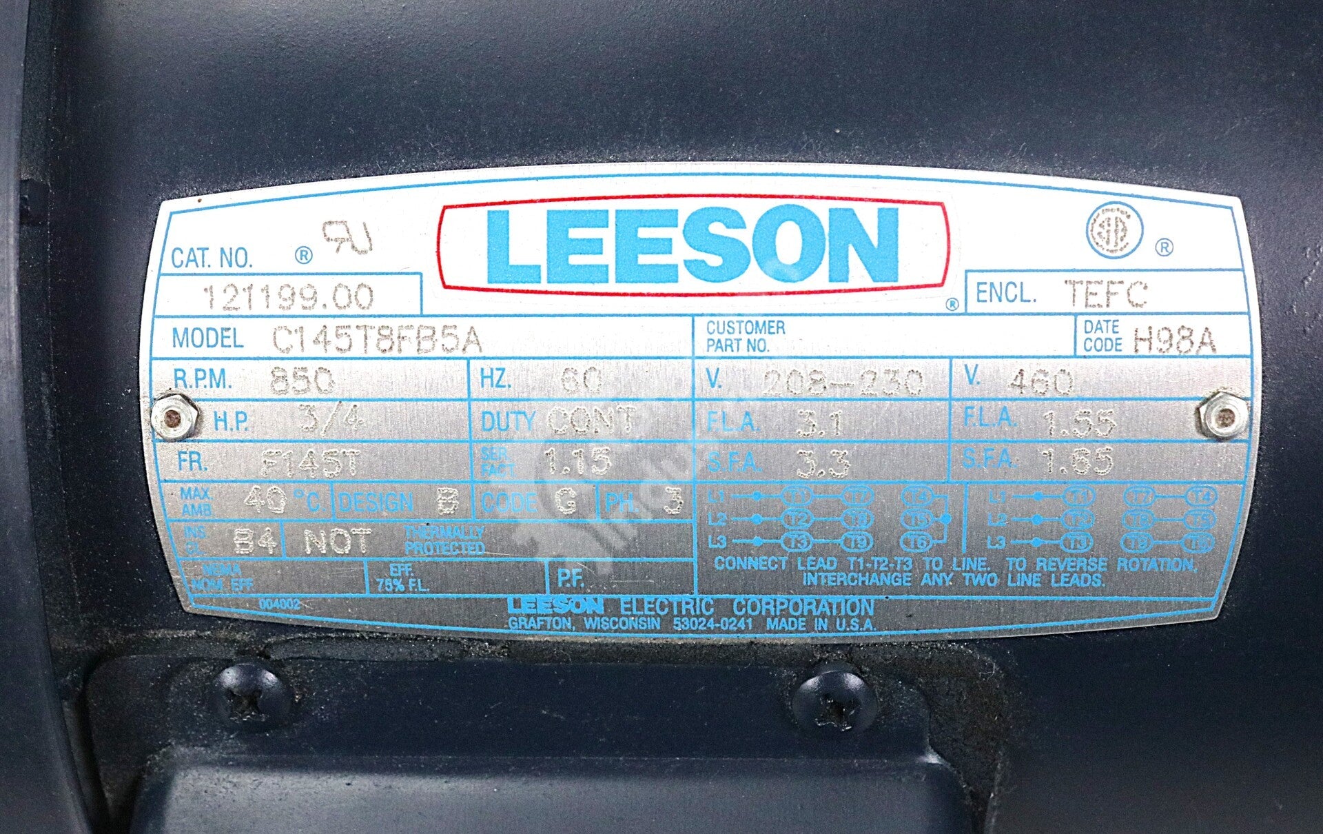 C145T8FB5A By Leeson 121199.00 460V 60Hz 850RPM General-Purpose AC Motor