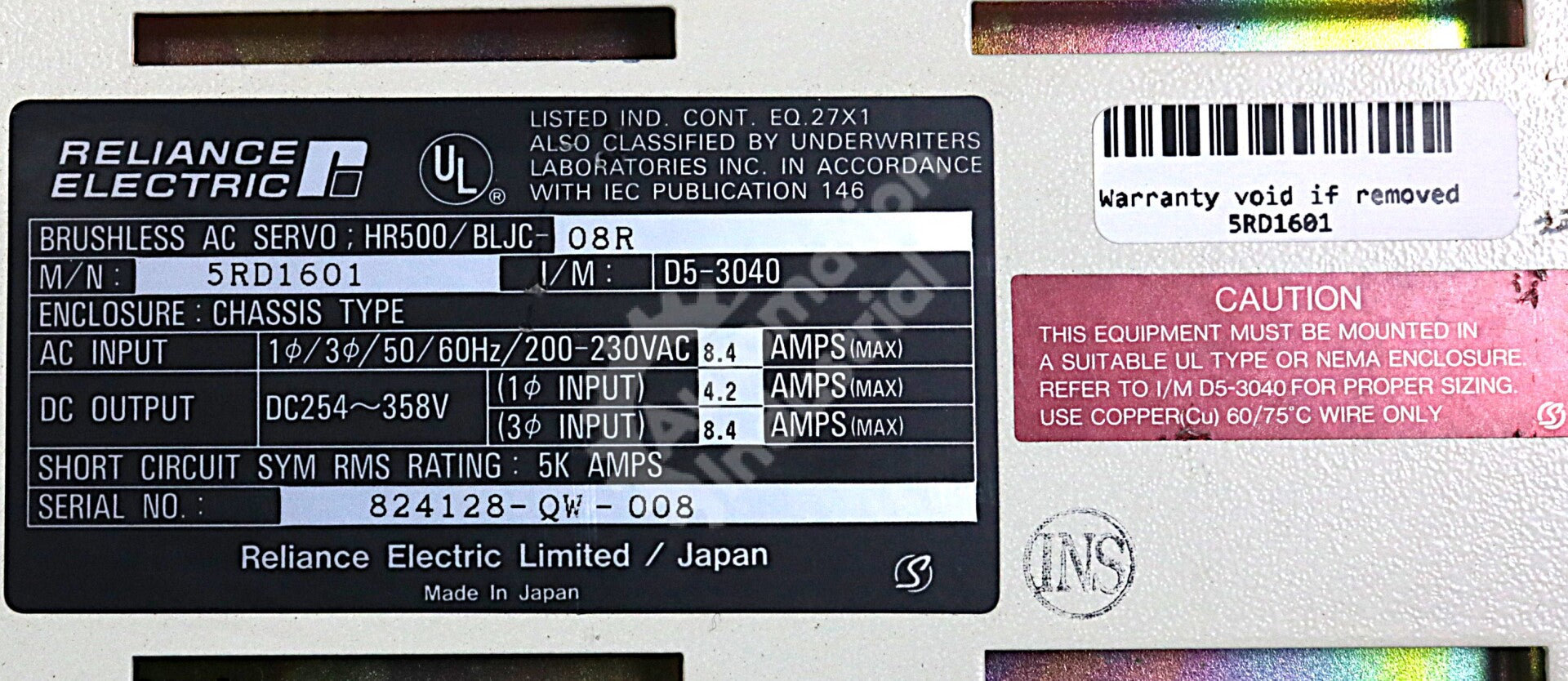5RD1601 By Reliance Electric HR500/BLJC-08R 230VAC HR500 AC Brushless Servo