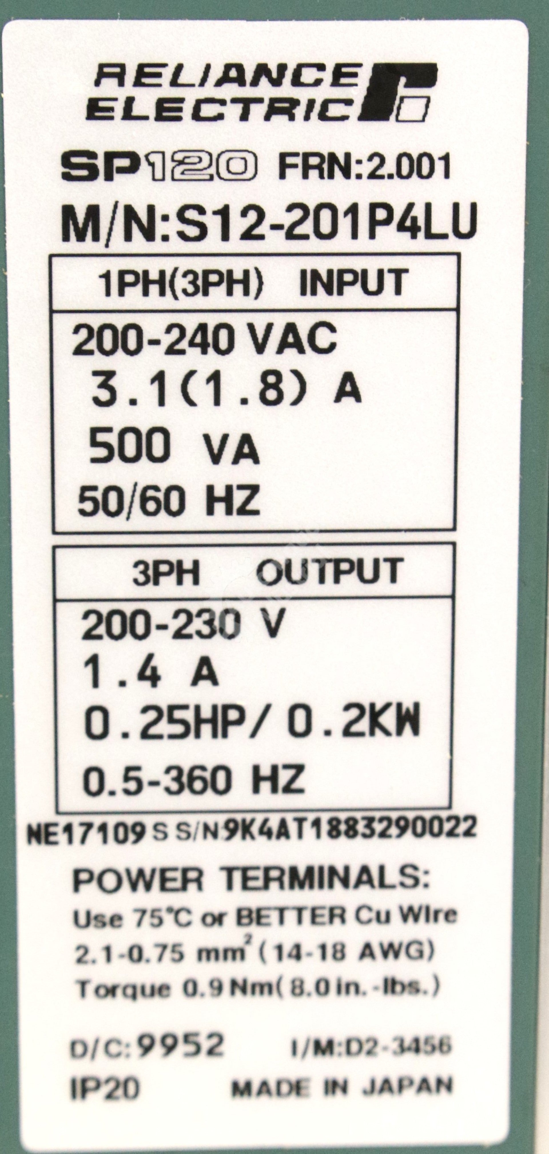 S12-202P6LU by Reliance .5HP 240V Drive SP120 New Surplus Factory Package
