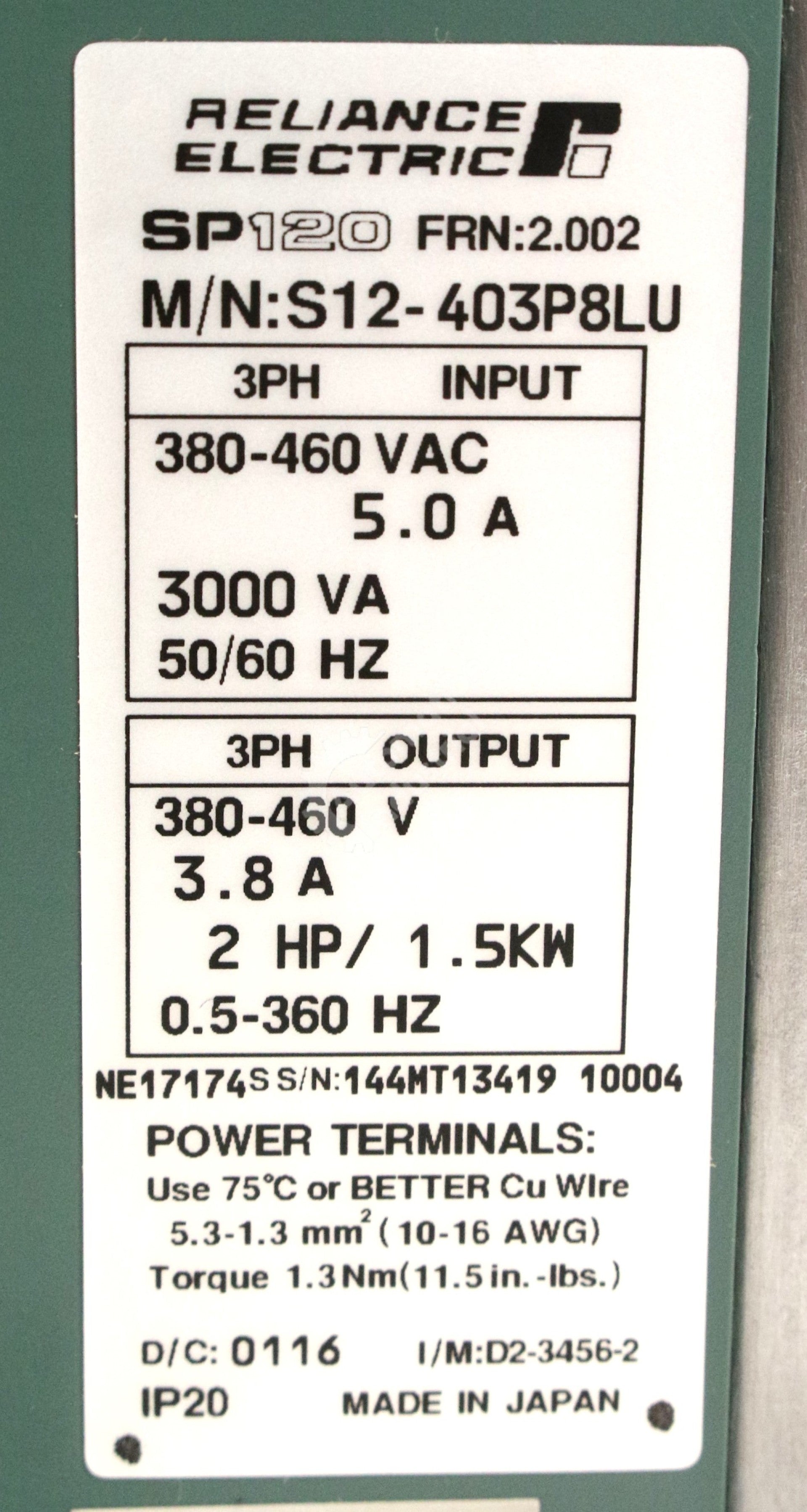S12-403P8LU by Reliance Electric 2HP 480V Drive SP120 New Factory Package