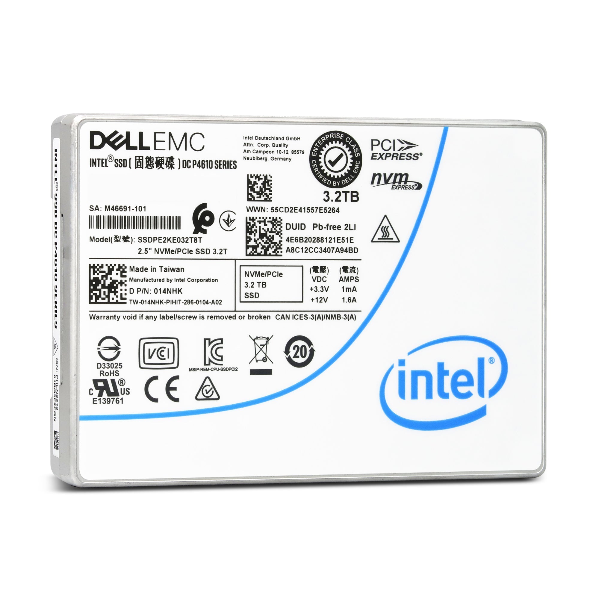 Dell/Intel P4610 SSDPE2KE032T8TB 3.2TB PCIe Gen 3.1 X4 4GB/s 3D TLC 3DWPD U.2 NVMe 2.5in Enterprise Solid State Drive
