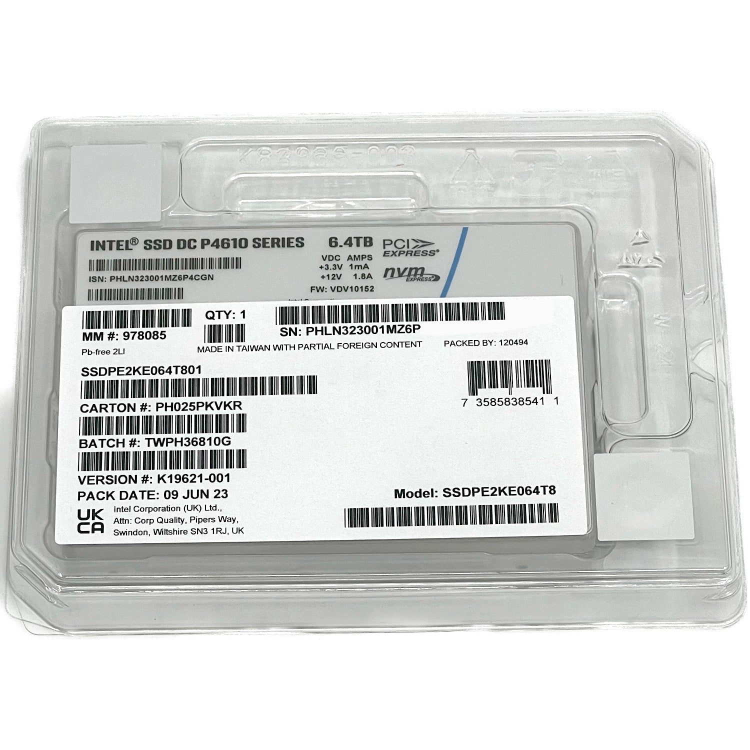 Intel DC P4610 SSDPE2KE064T8 SSDPE2KE064T801 6.4TB PCIe Gen 3.1 x4 4GB/s U.2 2.5in Solid State Drive