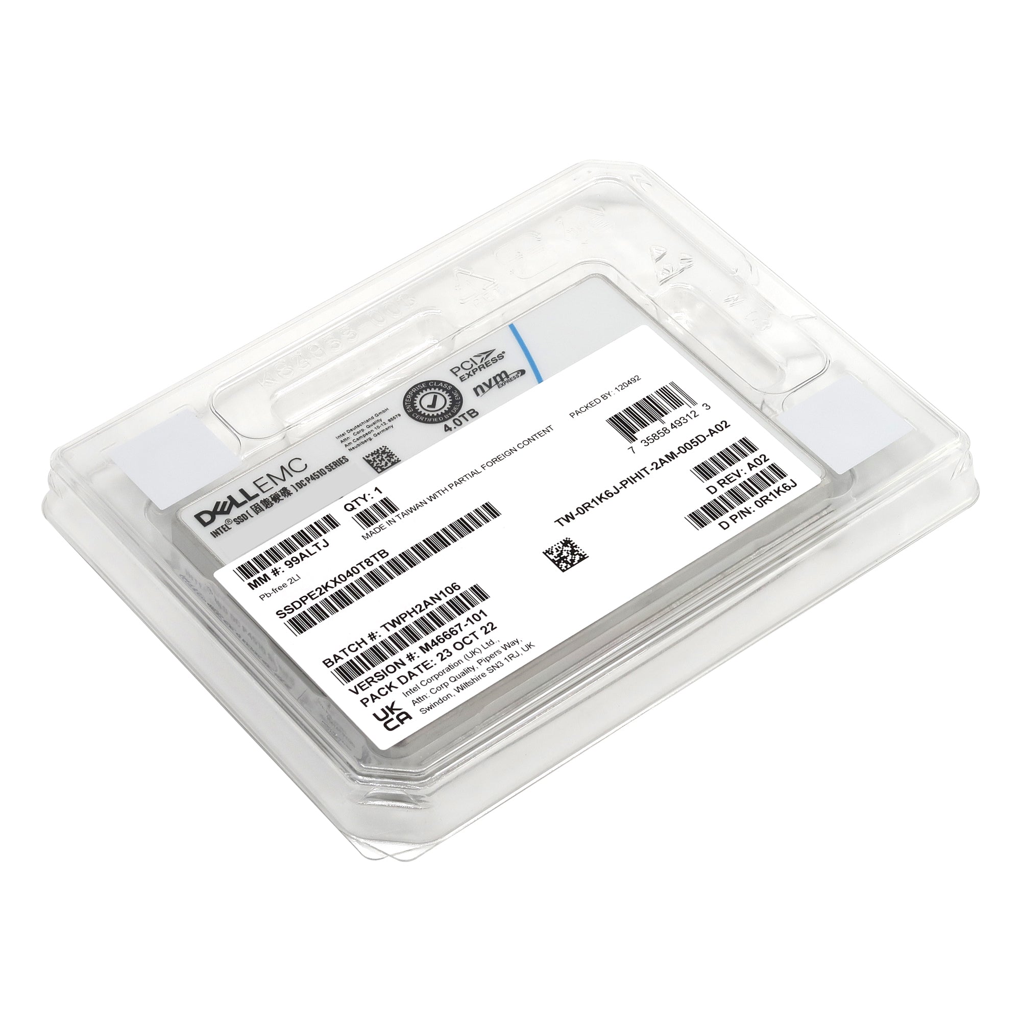 Dell P4510 SSDPE2KX040T8T 0R1K6J 4TB PCIe Gen 3.1 X4 4GB/s 3D TLC 1DWPD U.2 NVMe 2.5in Solid State Drive