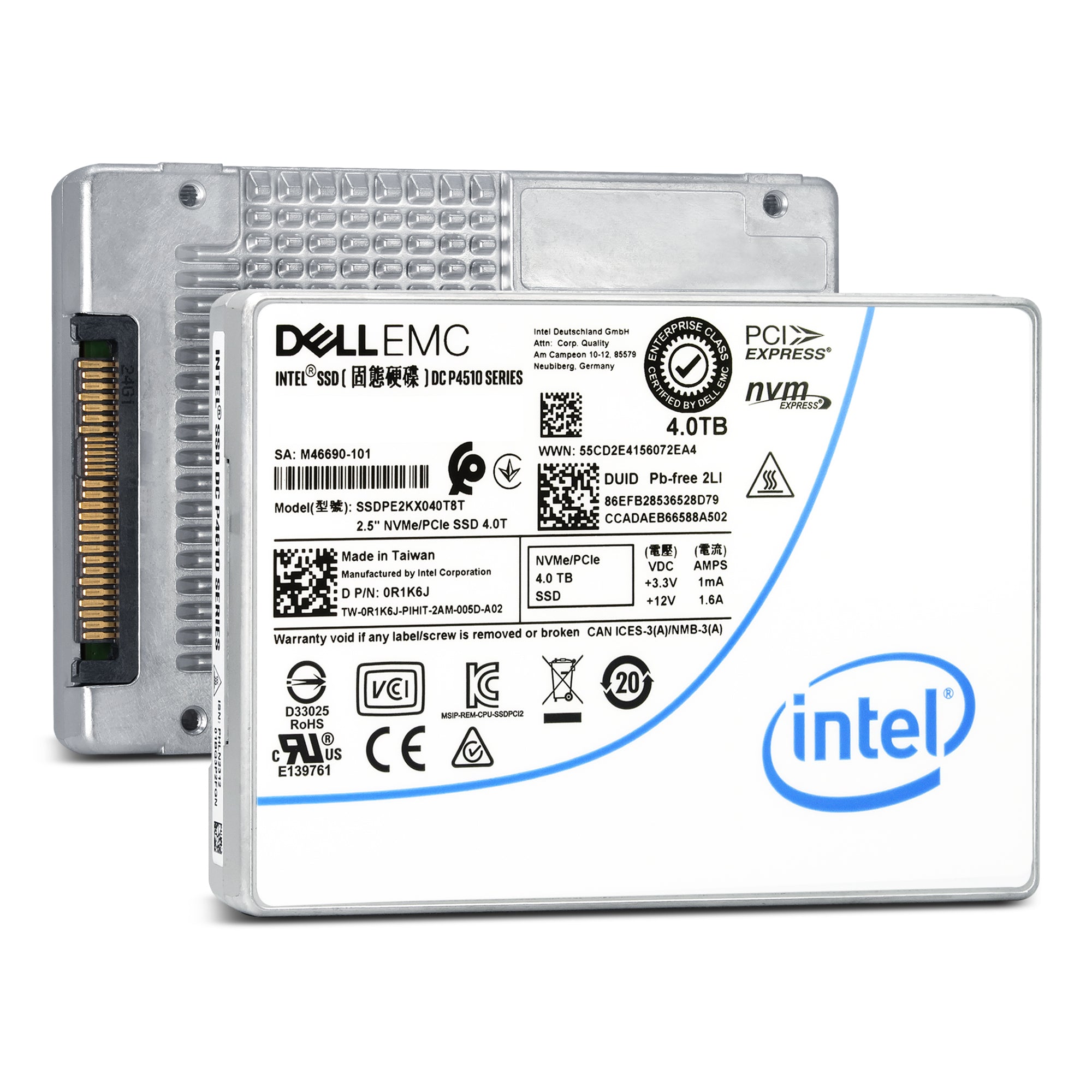 Dell/Intel DC P4510 SSDPE2KX040T8T 4TB PCIe Gen 3.1 X4 4GB/s 3D TLC 1DWPD U.2 NVMe 2.5in Refurbished SSD
