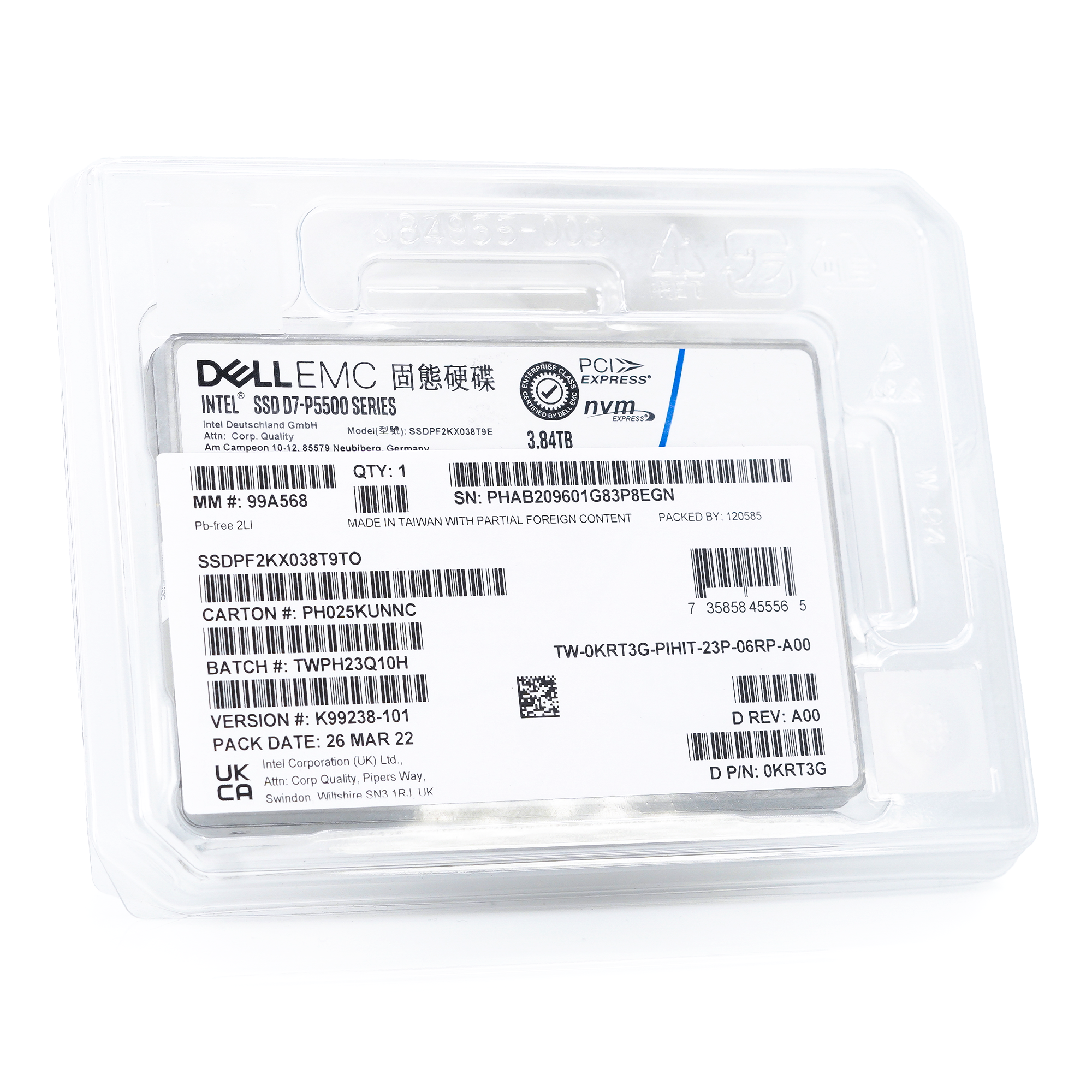 Dell D7-P5500 SSDPF2KX038T9TO 0KRT3G 3.84TB PCIe Gen 4.0 X4 8GB/s 3D TLC 1DWPD U.2 NVMe 2.5in Solid State Drive