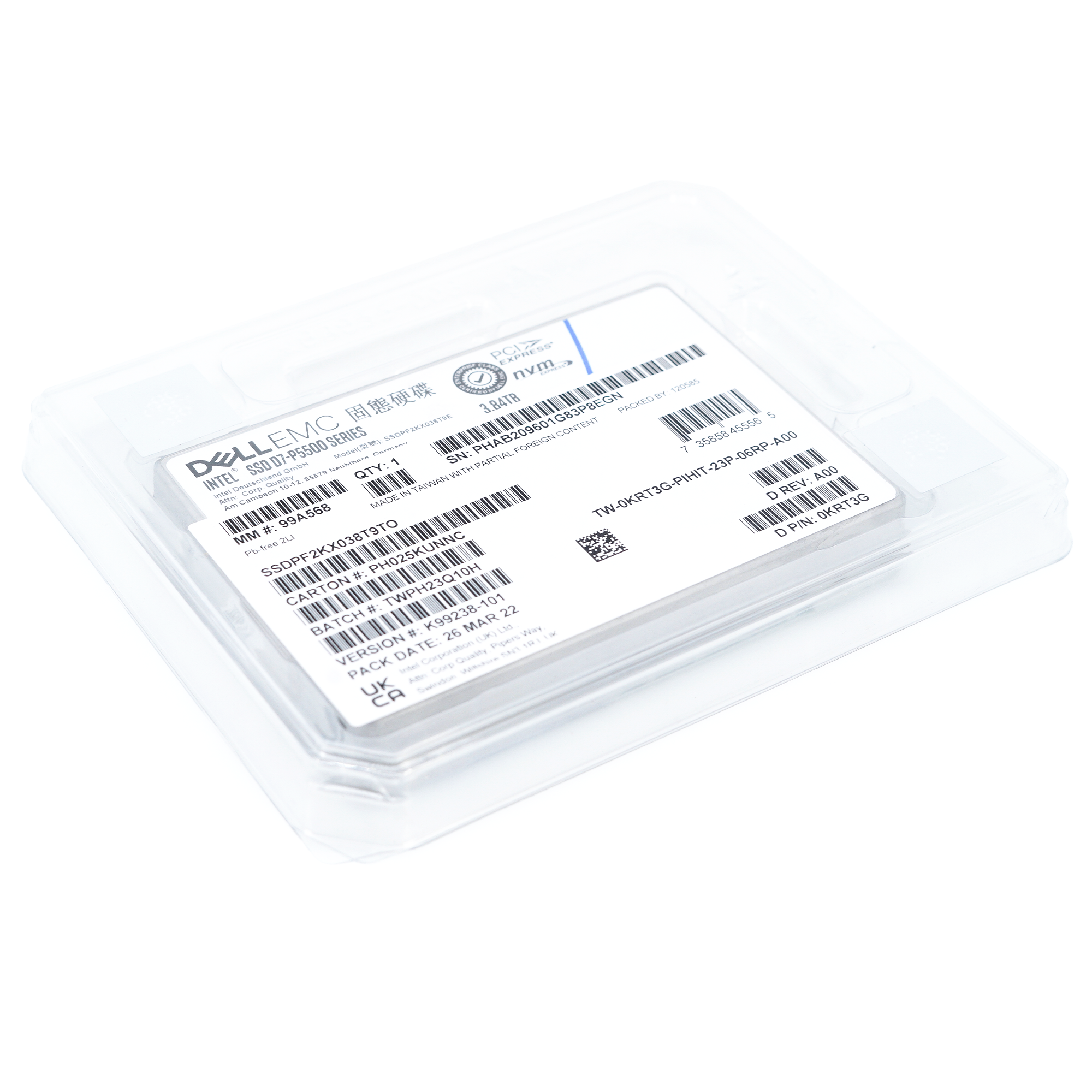 Dell D7-P5500 SSDPF2KX038T9TO 0KRT3G 3.84TB PCIe Gen 4.0 X4 8GB/s 3D TLC 1DWPD U.2 NVMe 2.5in Solid State Drive