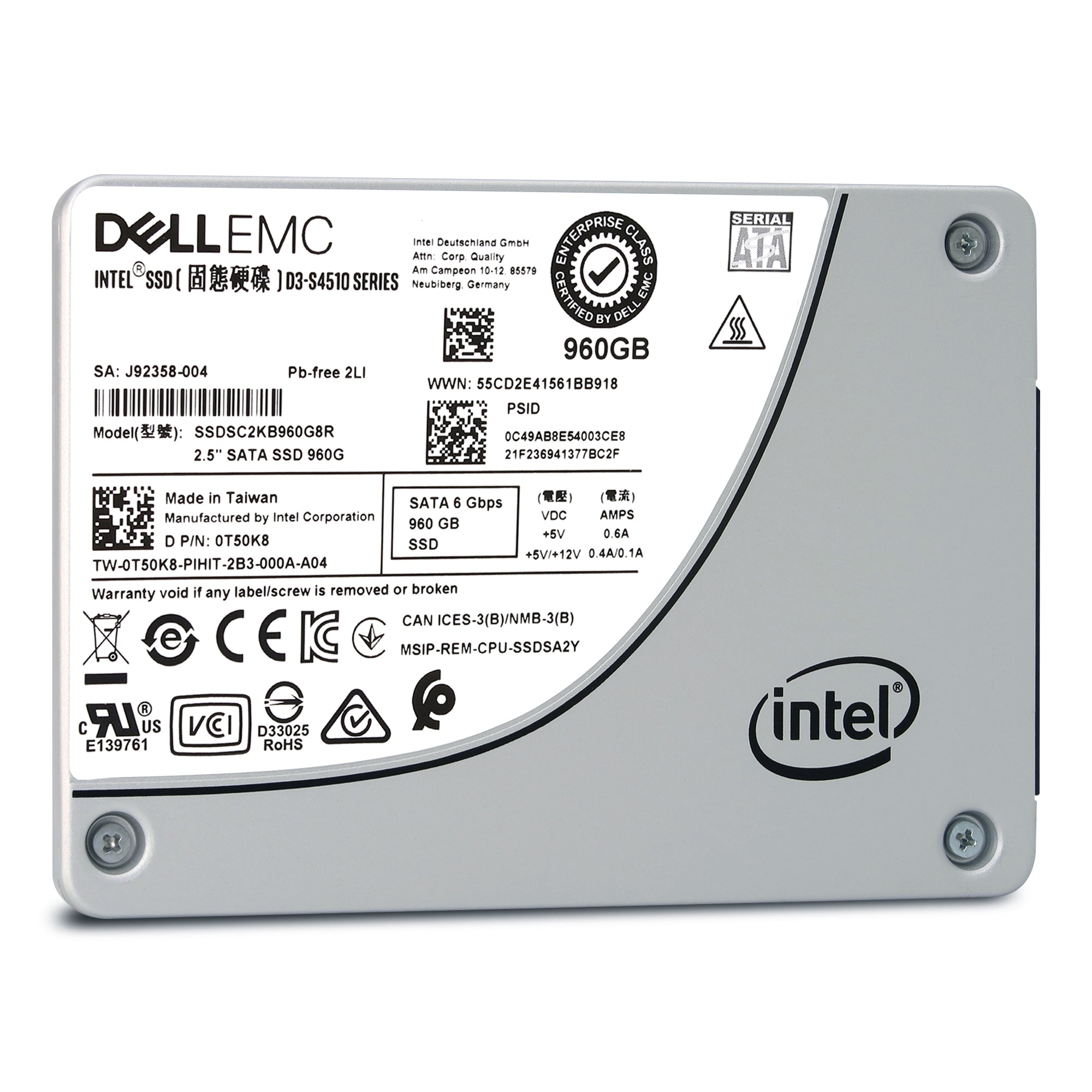Dell D3-S4510 SSDSC2KB960G8R1 0T50K8 960GB SATA 6Gb/s 3D TLC 2DWPD 2.5in Solid State Drive