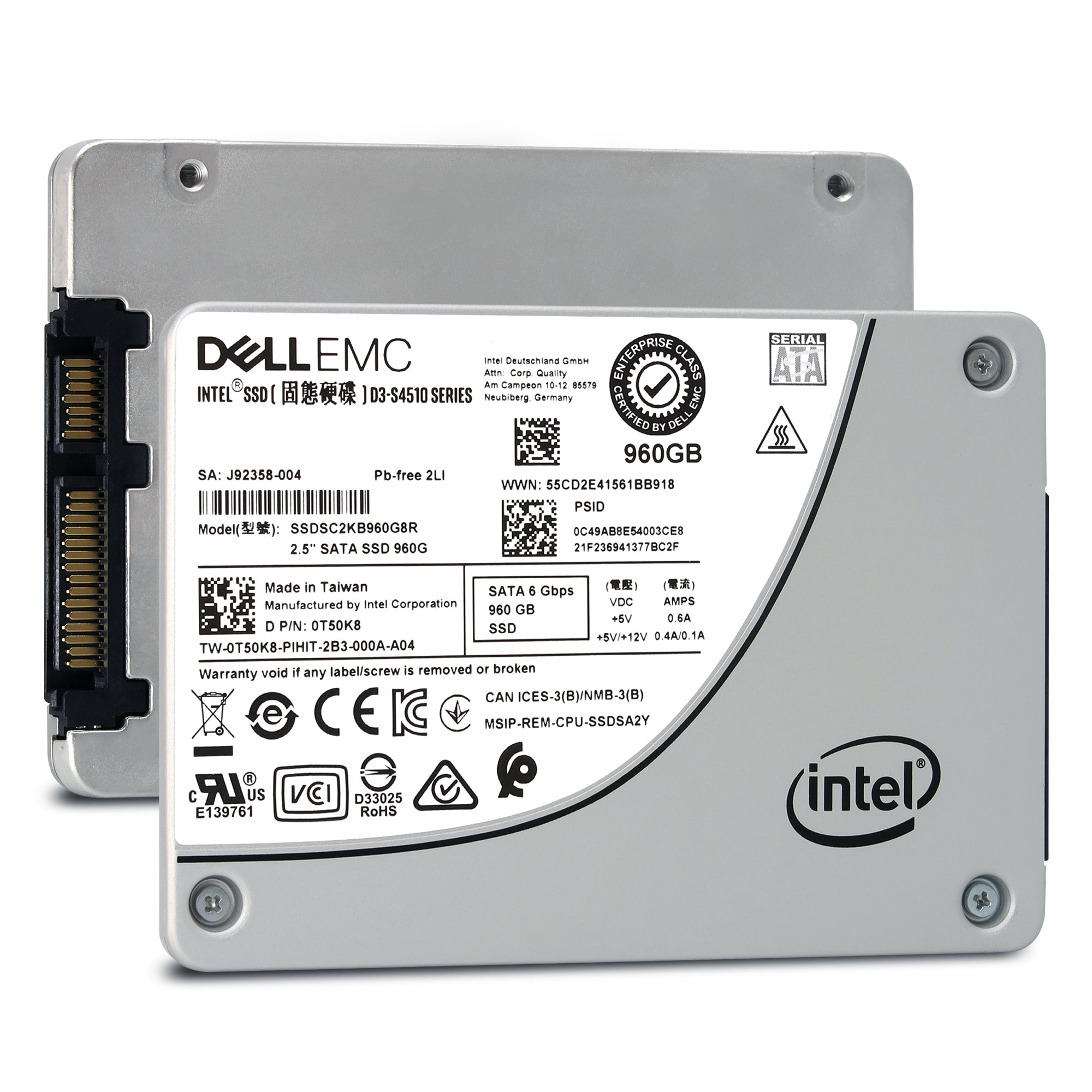Dell D3-S4510 SSDSC2KB960G8R1 0T50K8 960GB SATA 6Gb/s 3D TLC 2DWPD 2.5in Solid State Drive