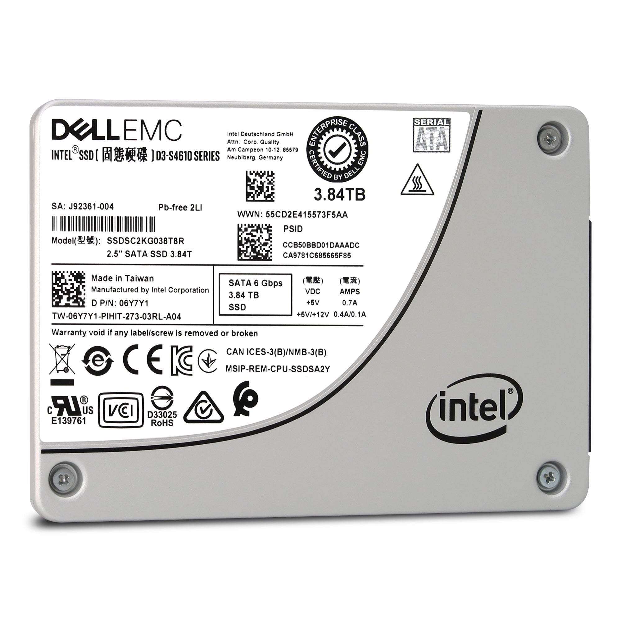 Dell/Intel D3-S4610 SSDSC2KG038T8R 3.84TB SATA 6Gb/s 3D TLC 3DWPD 2.5in Solid State Drive
