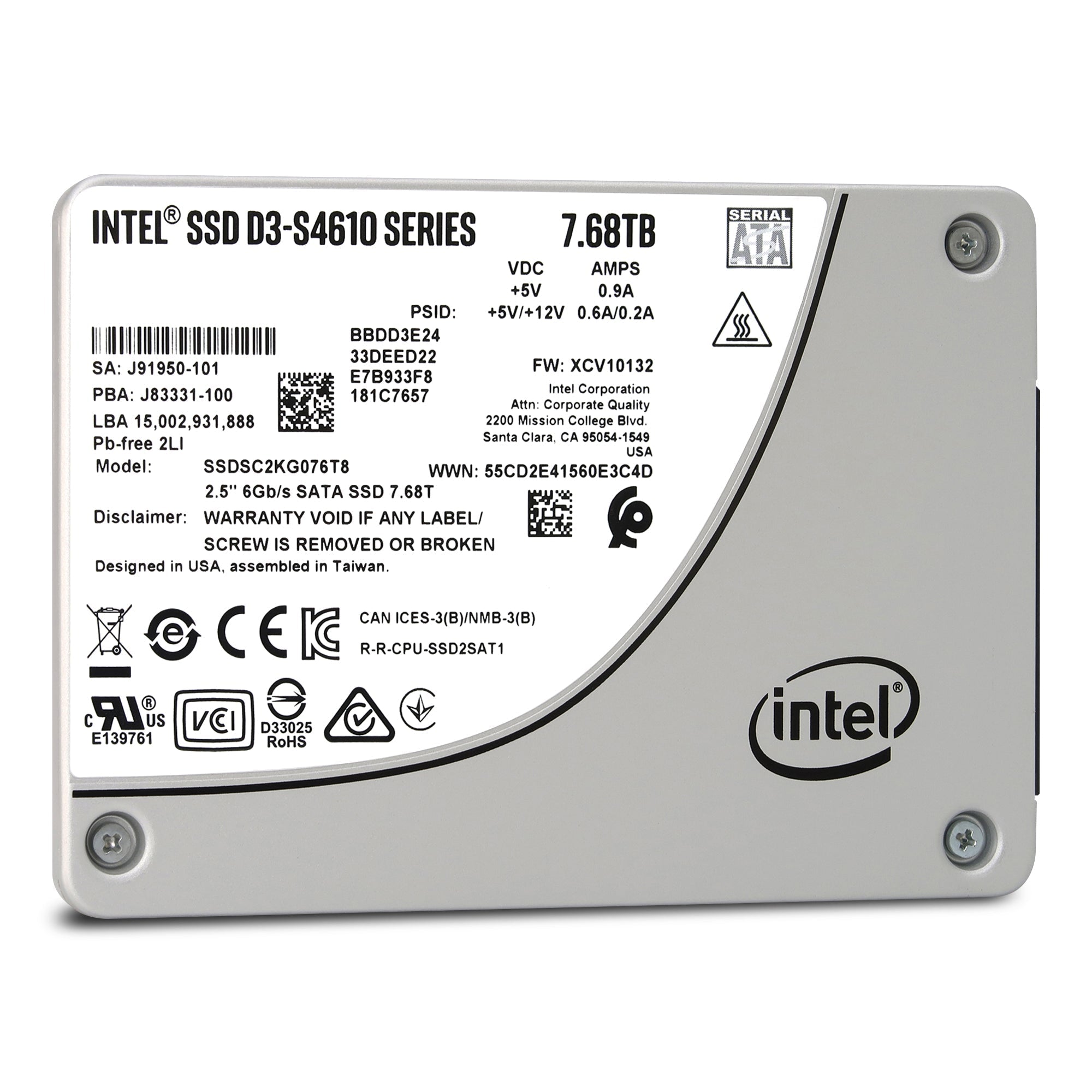 Intel D3-S4610 SSDSC2KG076T801 7.68TB SATA 6Gb/s 3D TLC 3DWPD 2.5in Solid State Drive