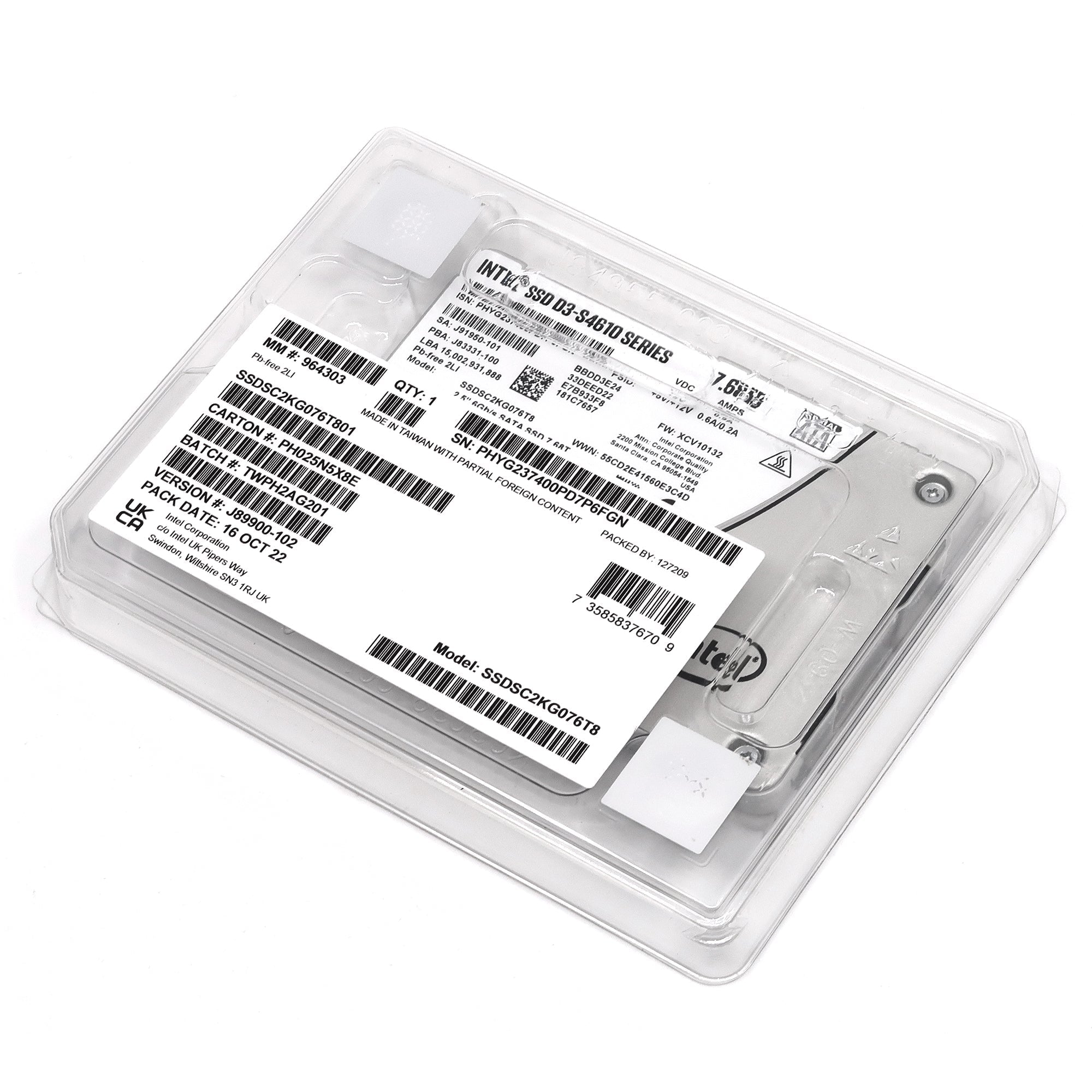 Intel D3-S4610 SSDSC2KG076T801 7.68TB SATA 6Gb/s 3D TLC 3DWPD 2.5in Solid State Drive