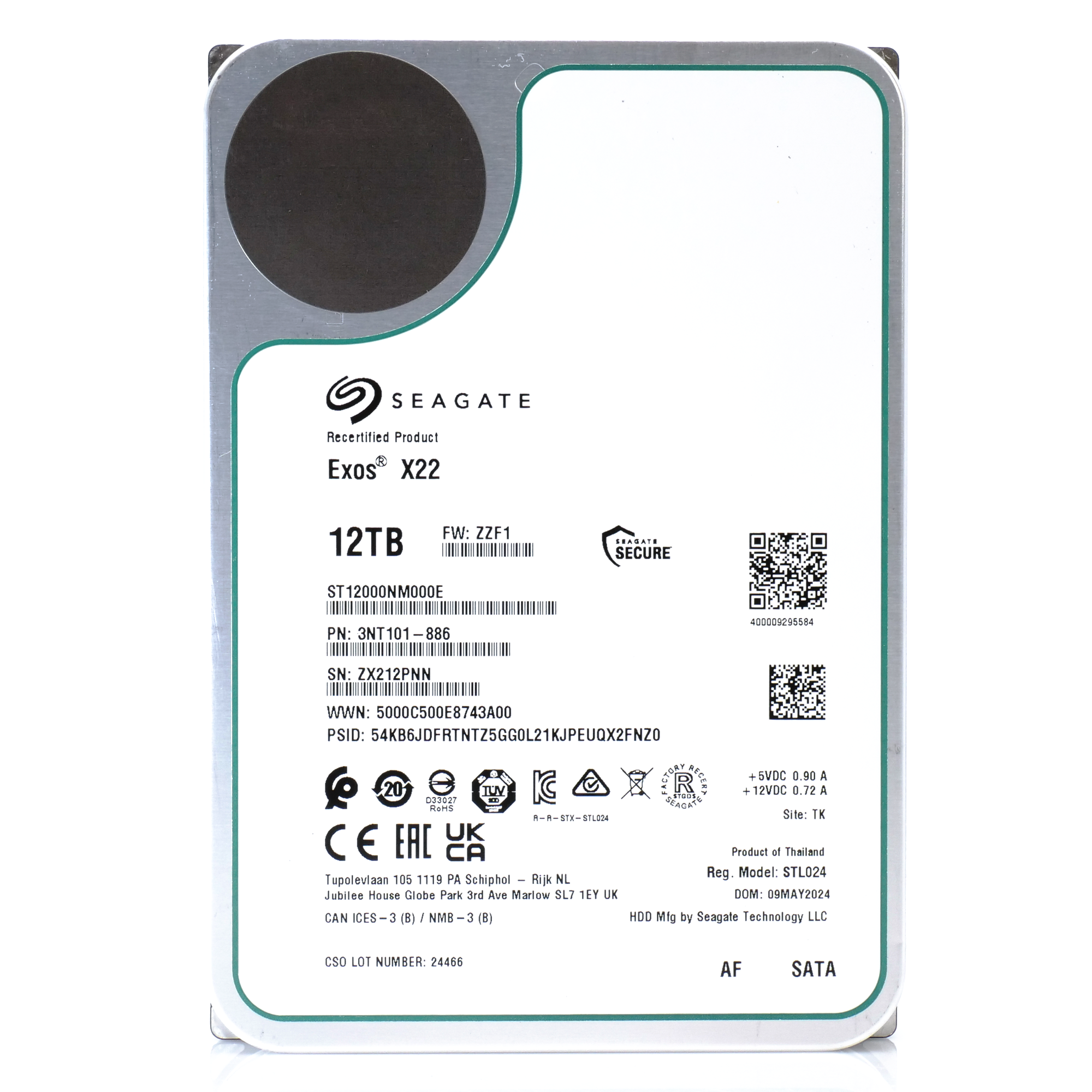 Seagate Exos X22 ST12000NM000E 12TB 7.2K RPM SATA 6Gb/s 512e 3.5in Recertified Hard Drive