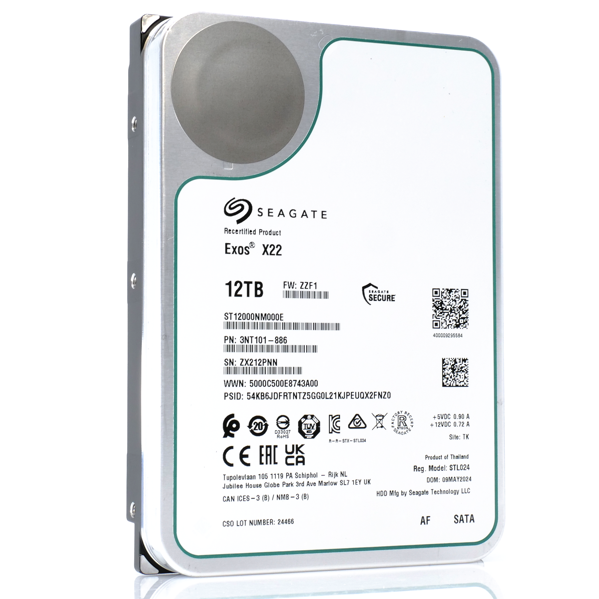 Seagate Exos X22 ST12000NM000E 12TB 7.2K RPM SATA 6Gb/s 512e 3.5in Recertified Hard Drive