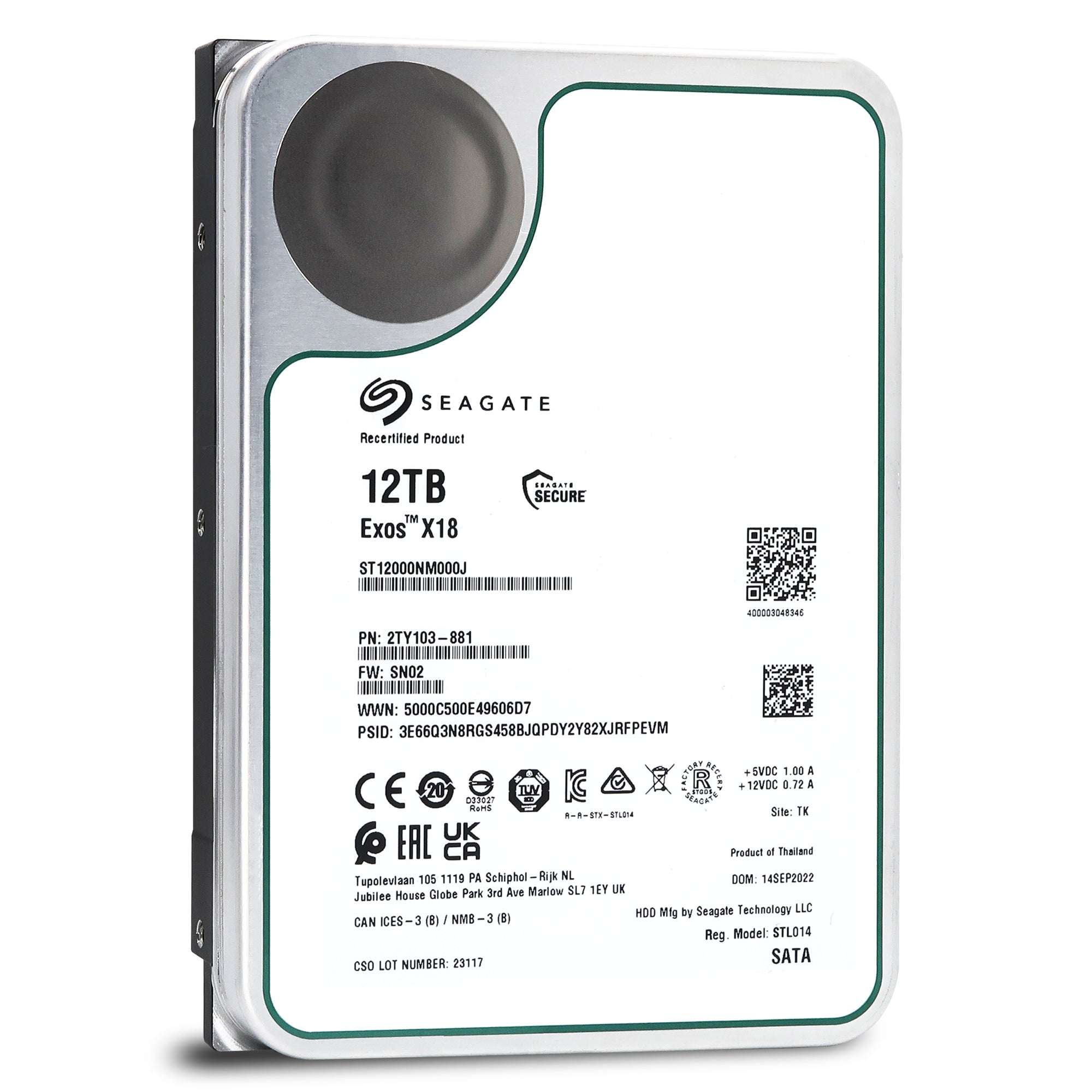 Seagate Exos X18 ST12000NM000J 12TB 7.2K RPM SATA 6Gb/s 3.5in Recertified Hard Drive