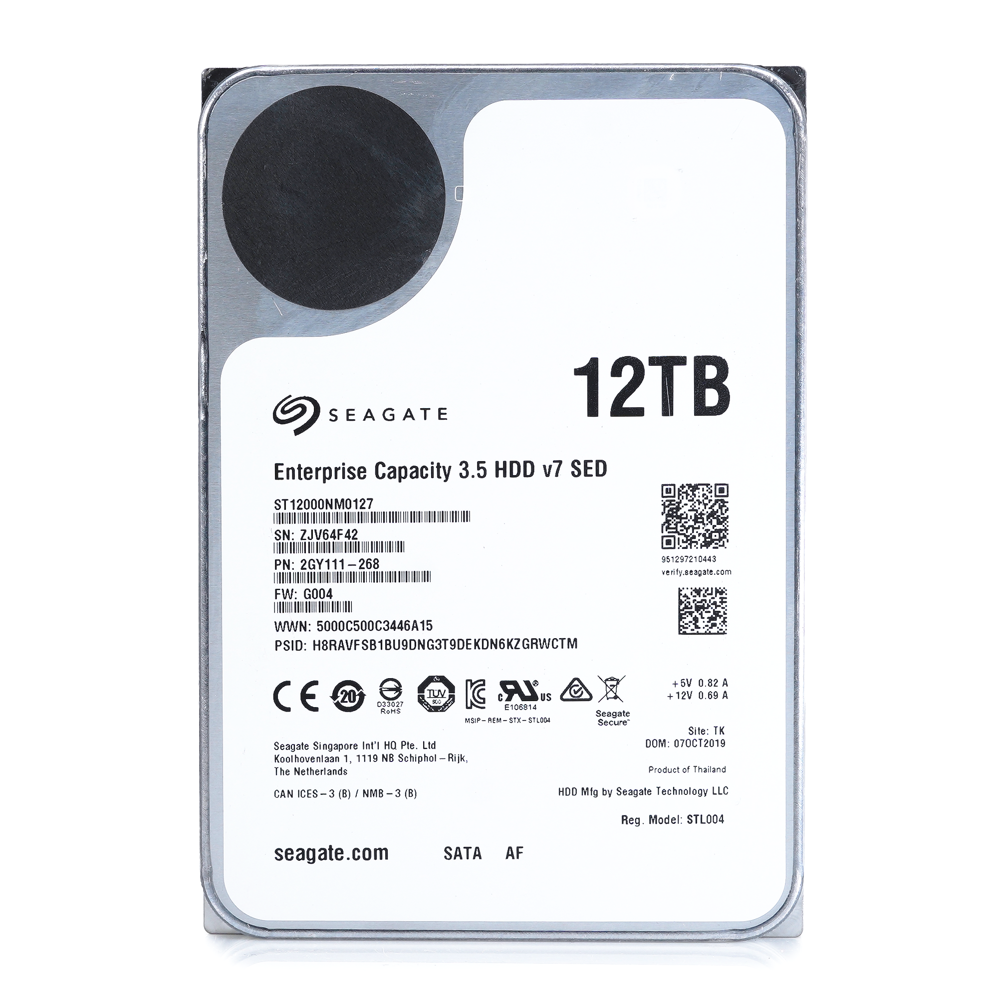 Seagate Enterprise Capacity v7 ST12000NM0127 12TB 7.2K RPM SATA 6Gb/s 512e SED 3.5in Recertified Hard Drive