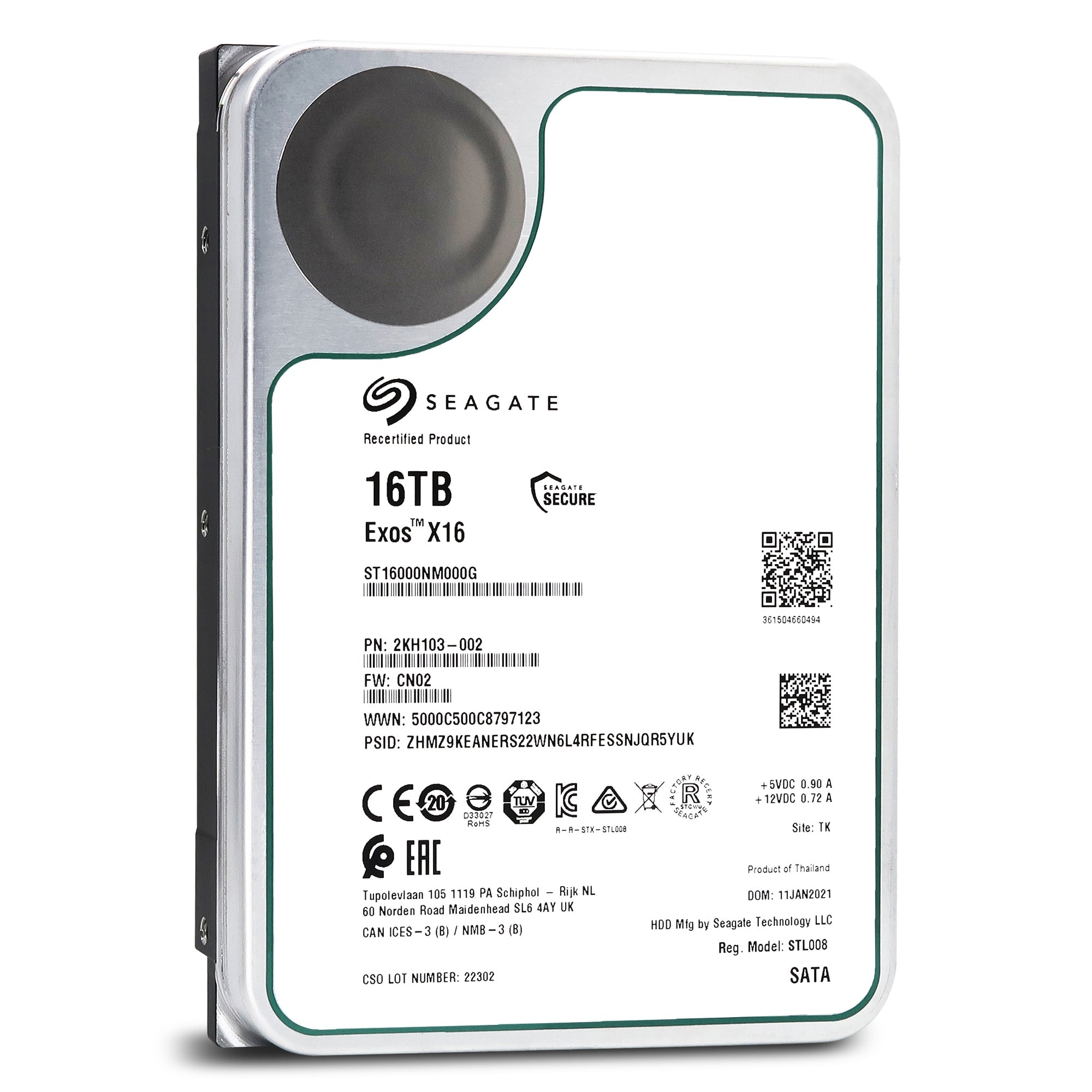 Seagate Exos X16 ST16000NM000G 16TB 7.2K RPM SATA 6Gb/s 512e/4Kn Power Disable Feature 3.5in Recertified Hard Drive