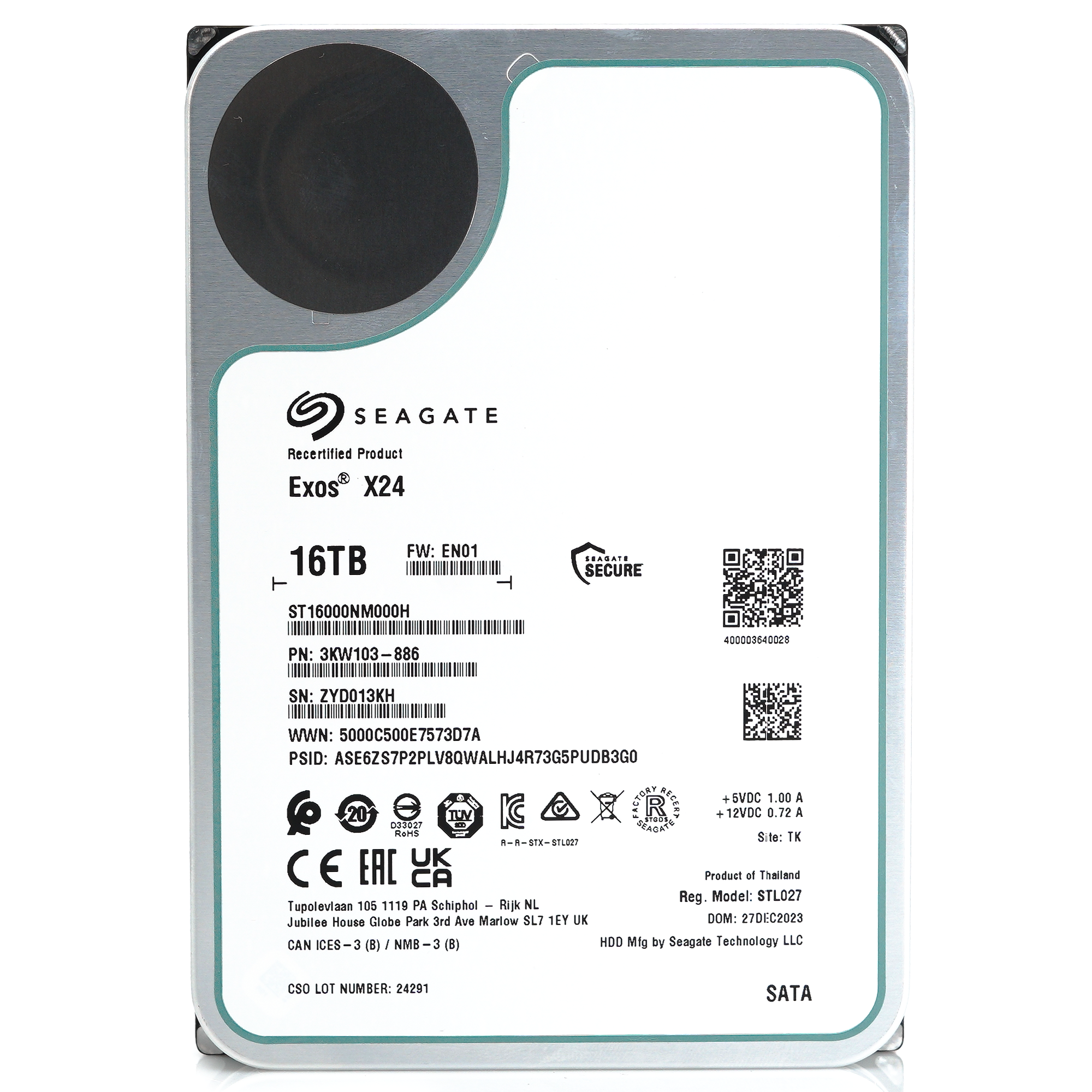 Seagate Exos X24 ST16000NM000H 16TB 7.2K RPM SATA 6Gb/s 512e 3.5in Recertified Hard Drive