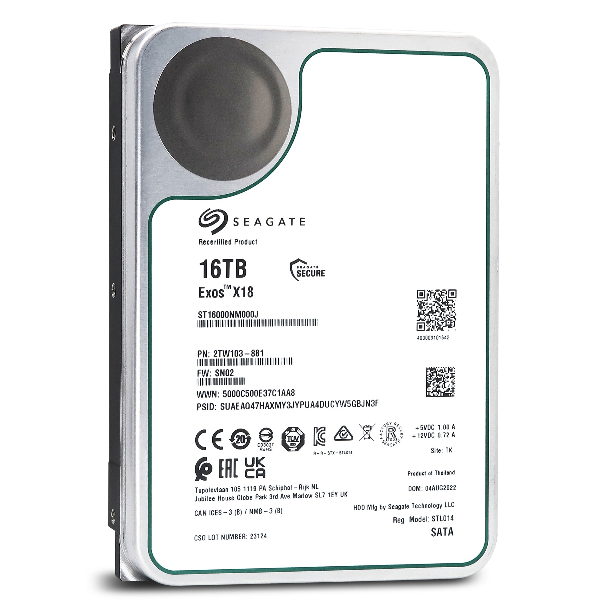 Seagate Exos X18 ST16000NM000J 16TB 7.2K RPM SATA 6Gb/s 3.5in Recertified Hard Drive