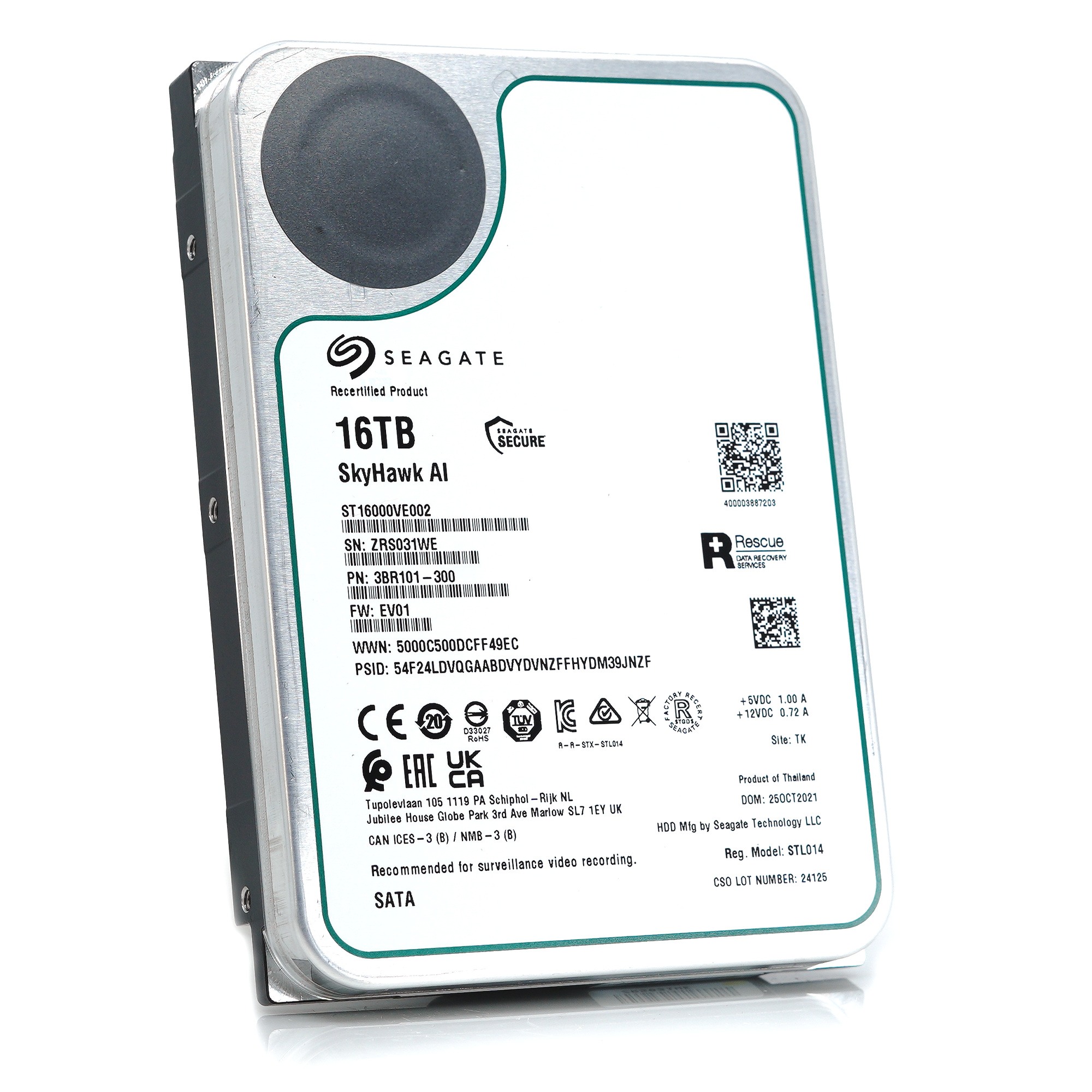 Seagate SkyHawk AI ST16000VE002 16TB 7.2K RPM SATA 6Gb/s 3.5in Recertified Hard Drive