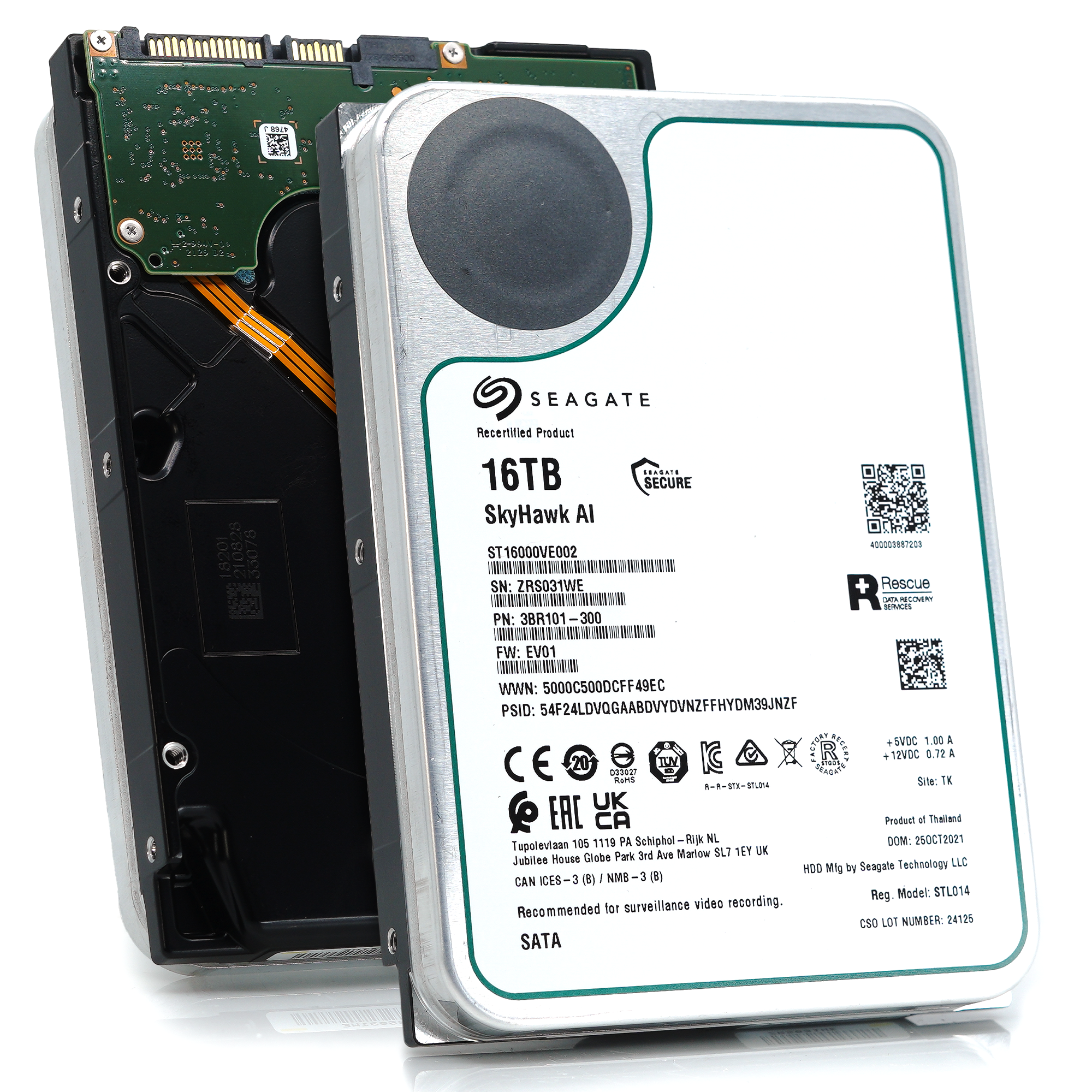 Seagate SkyHawk AI ST16000VE002 16TB 7.2K RPM SATA 6Gb/s 3.5in Recertified Hard Drive