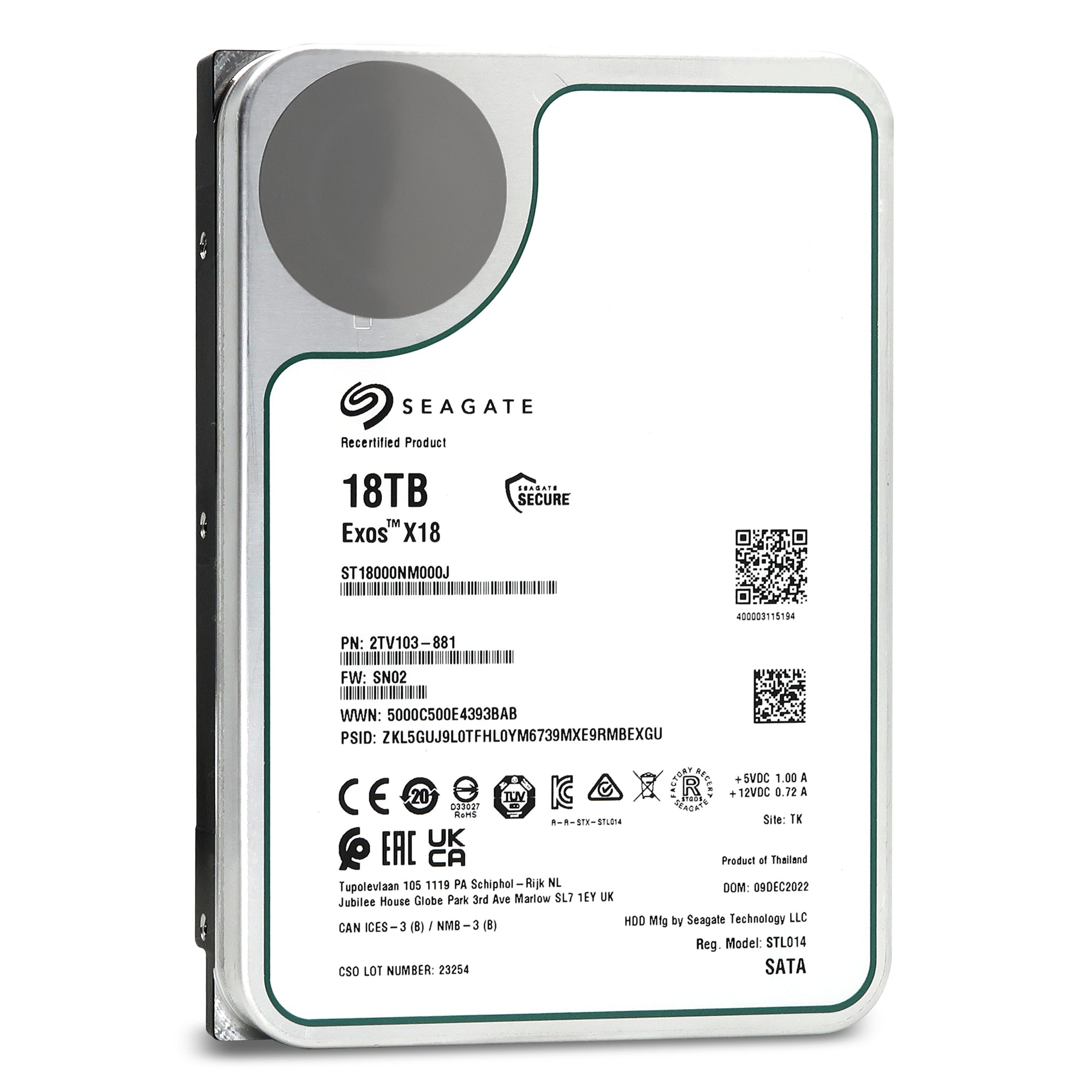 Seagate 18TB Hard Drive Exos X18 7200RPM SATA 6Gb/s 3.5" Manufacturer Recertified Enterprise HDD (ST18000NM000J)