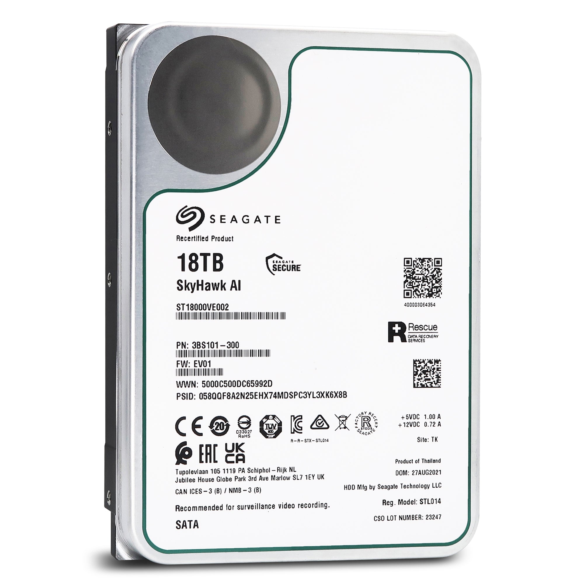 Seagate SkyHawk AI ST18000VE002 18TB 7.2K RPM SATA 6Gb/s 3.5in Recertified Hard Drive