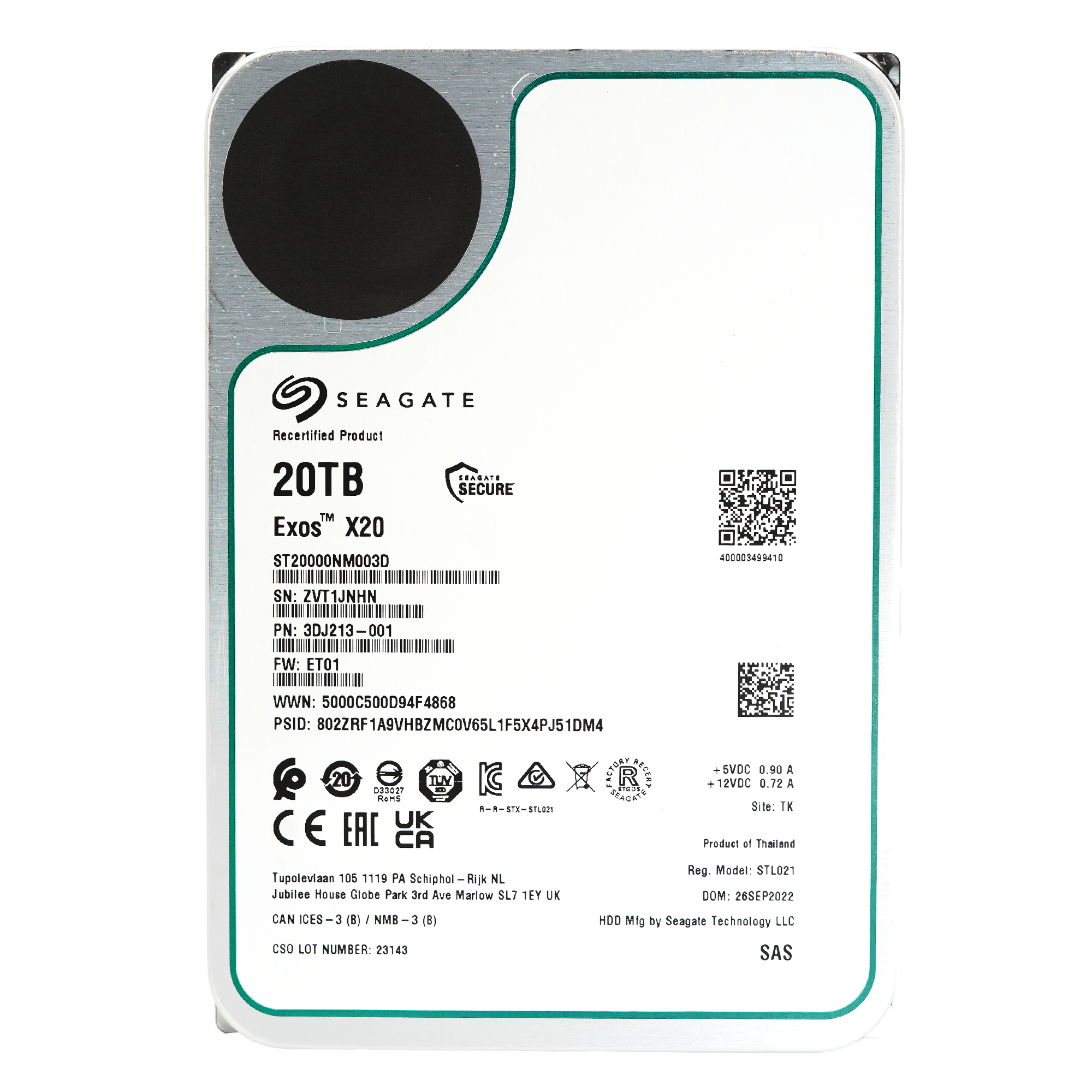 Seagate Exos X20 ST20000NM003D 20TB 7.2K RPM SAS 12Gb/s 512e SED 3.5in Recertified Hard Drive