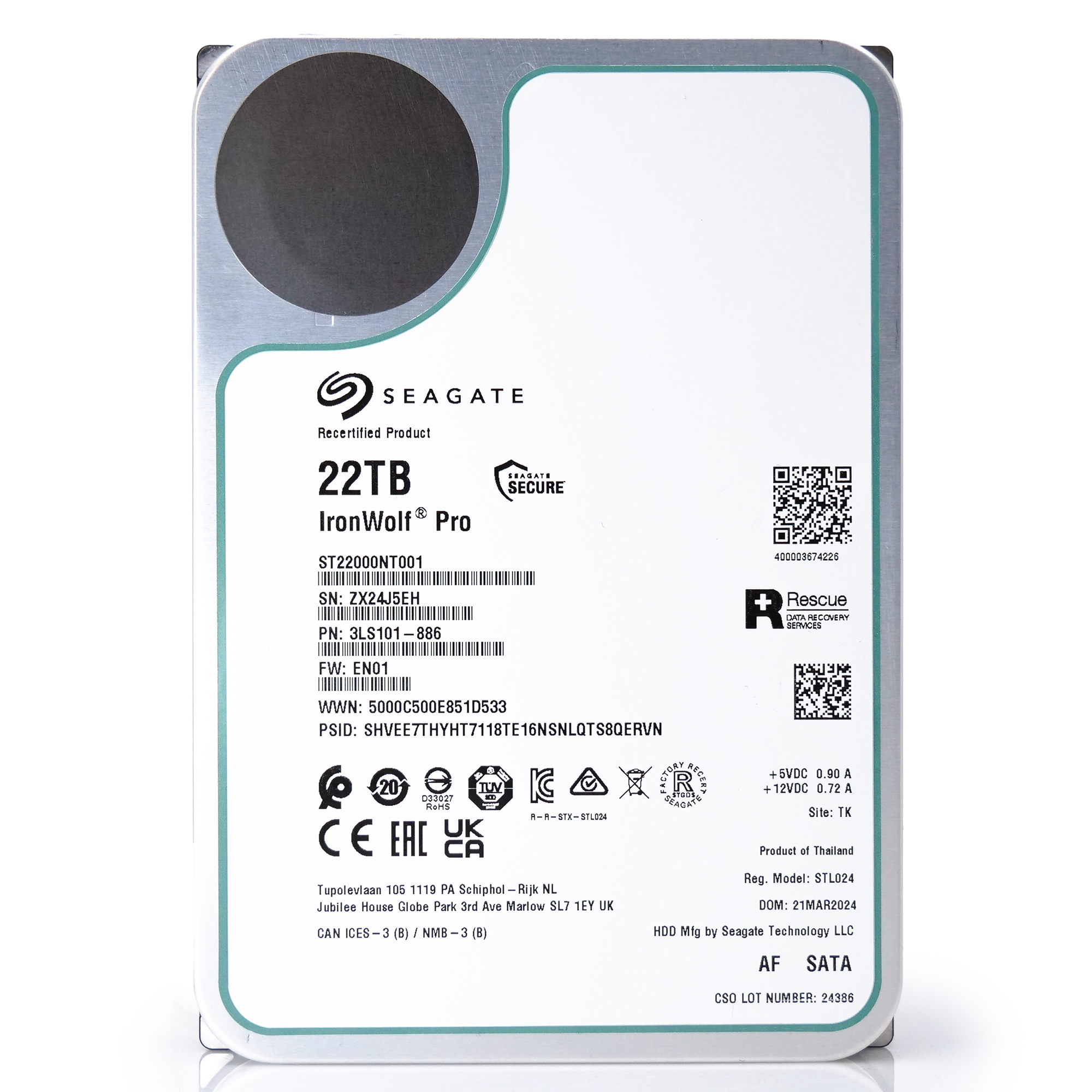 Seagate Ironwolf Pro ST22000NT001 22TB 7.2K RPM SATA 6Gb/s 512e NAS 3.5in Recertified Hard Drive