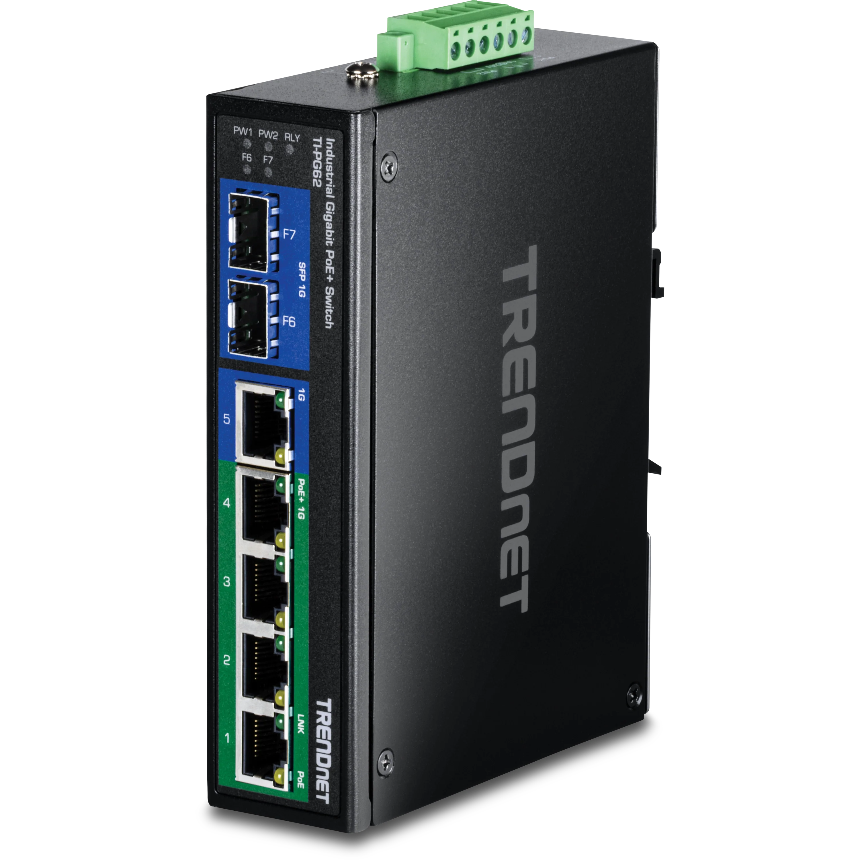 TRENDnet TI-PG62 6-Port Hardened Industrial Gigabit PoE+ Switch (5 Gigabit / 1 shared SFP / 1 dedicated SFP)