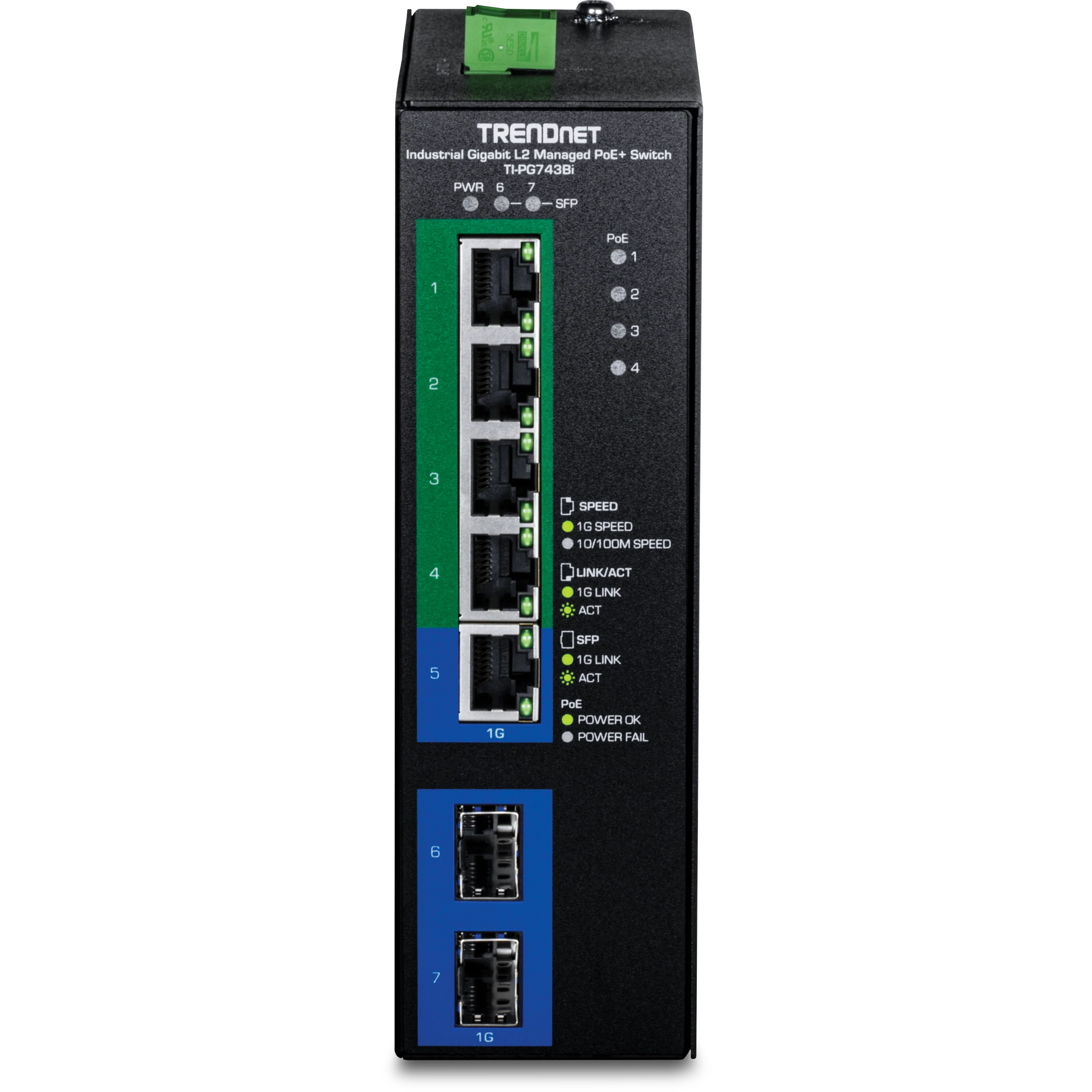 TRENDnet TI-PG743Bi 7-Port Industrial Gigabit L2 Managed PoE+ DIN-Rail Switch 24-57V