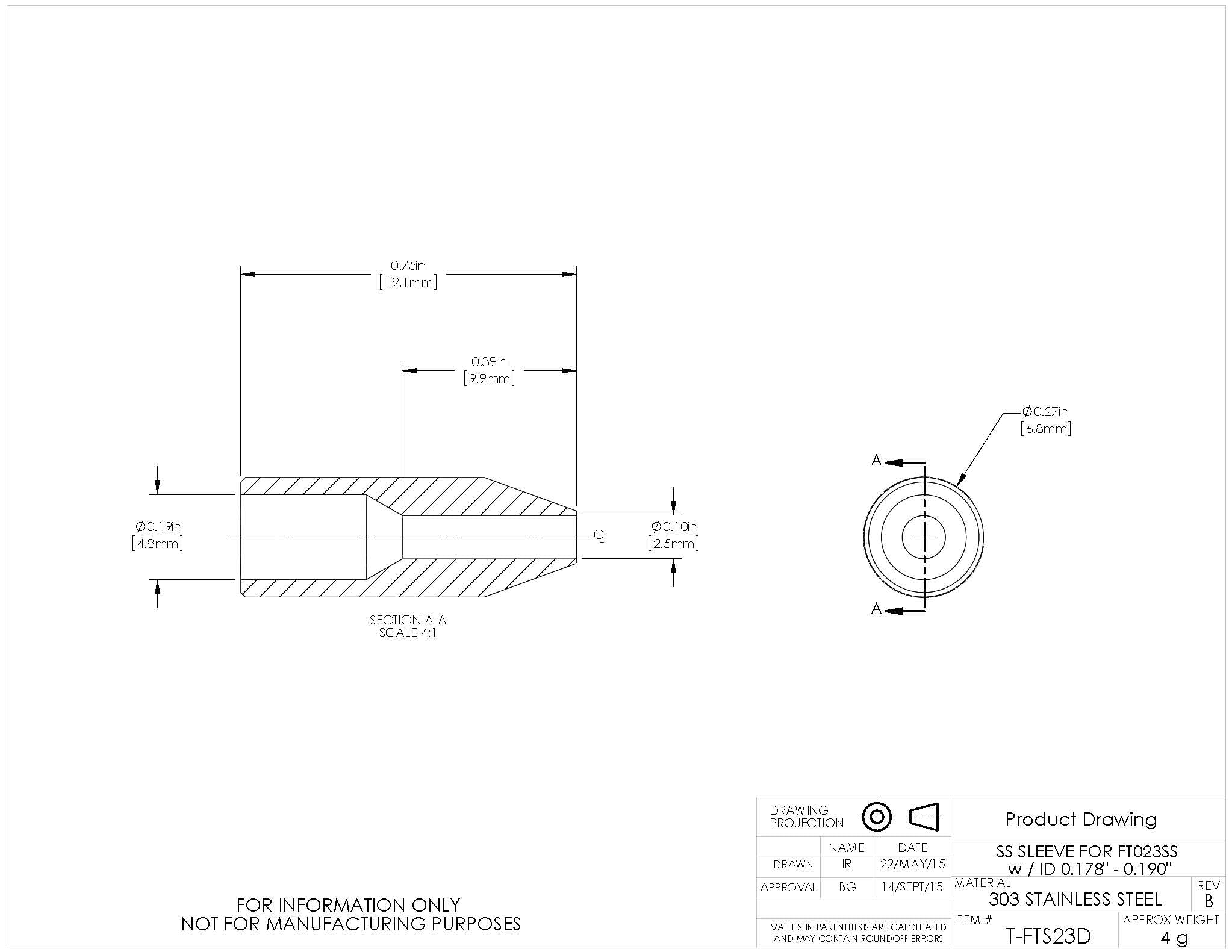 T-FTS23D - Stainless Steel Sleeve for Ø2.3 mm Tubing, 0.178" - 0.190" ID